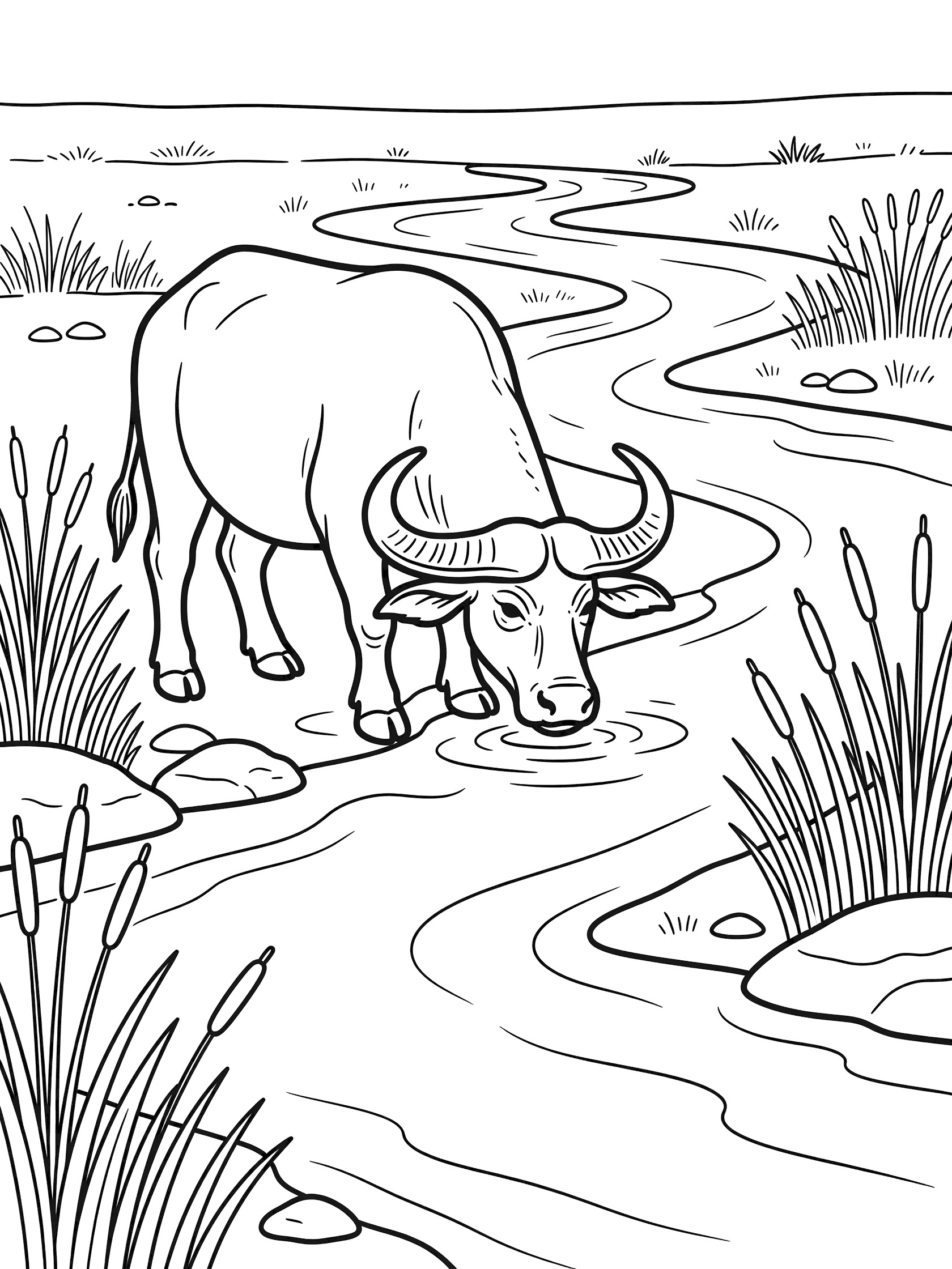 Black and white line art coloring page showing a large water buffalo with curved horns bending down to drink from a curving stream surrounded by tall reeds, rocks, and grassy savanna.