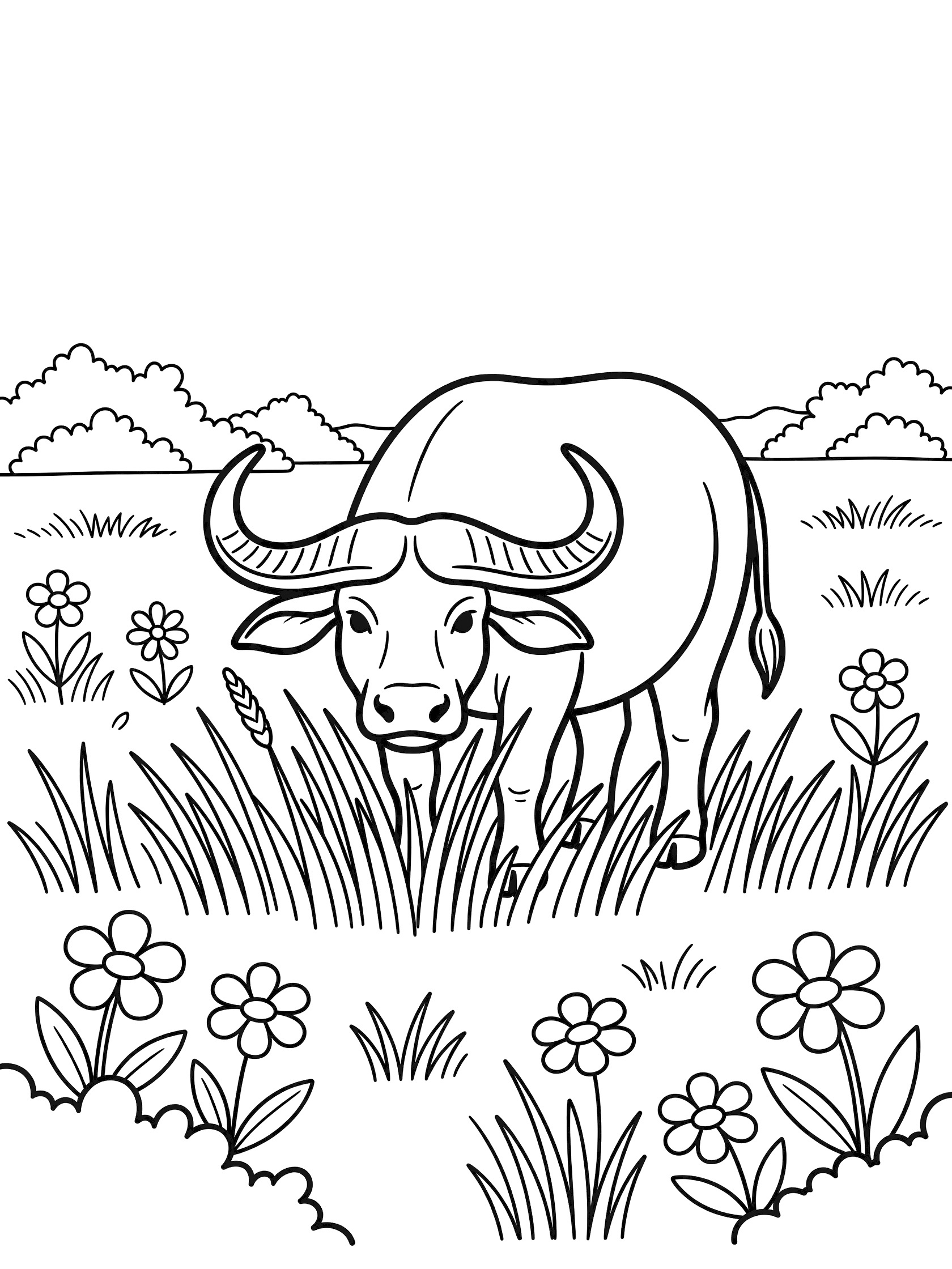 Black and white line art coloring page showing a water buffalo with curved horns grazing on tall grass surrounded by flowers and bushes.