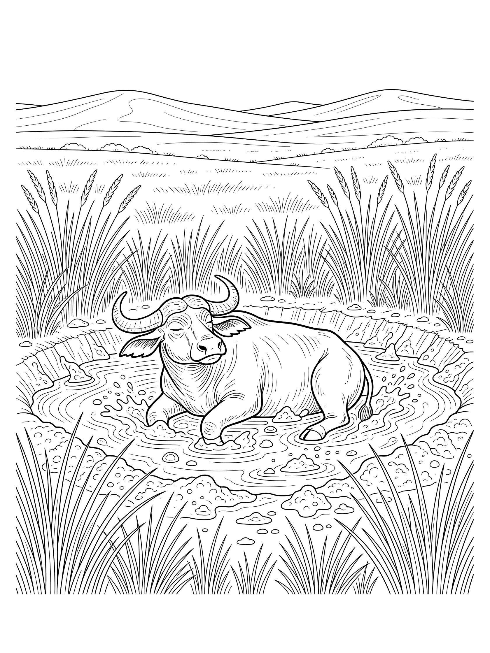 Black and white line art of a water buffalo lying in a muddy puddle surrounded by tall grasses and distant hills, coloring book style.
