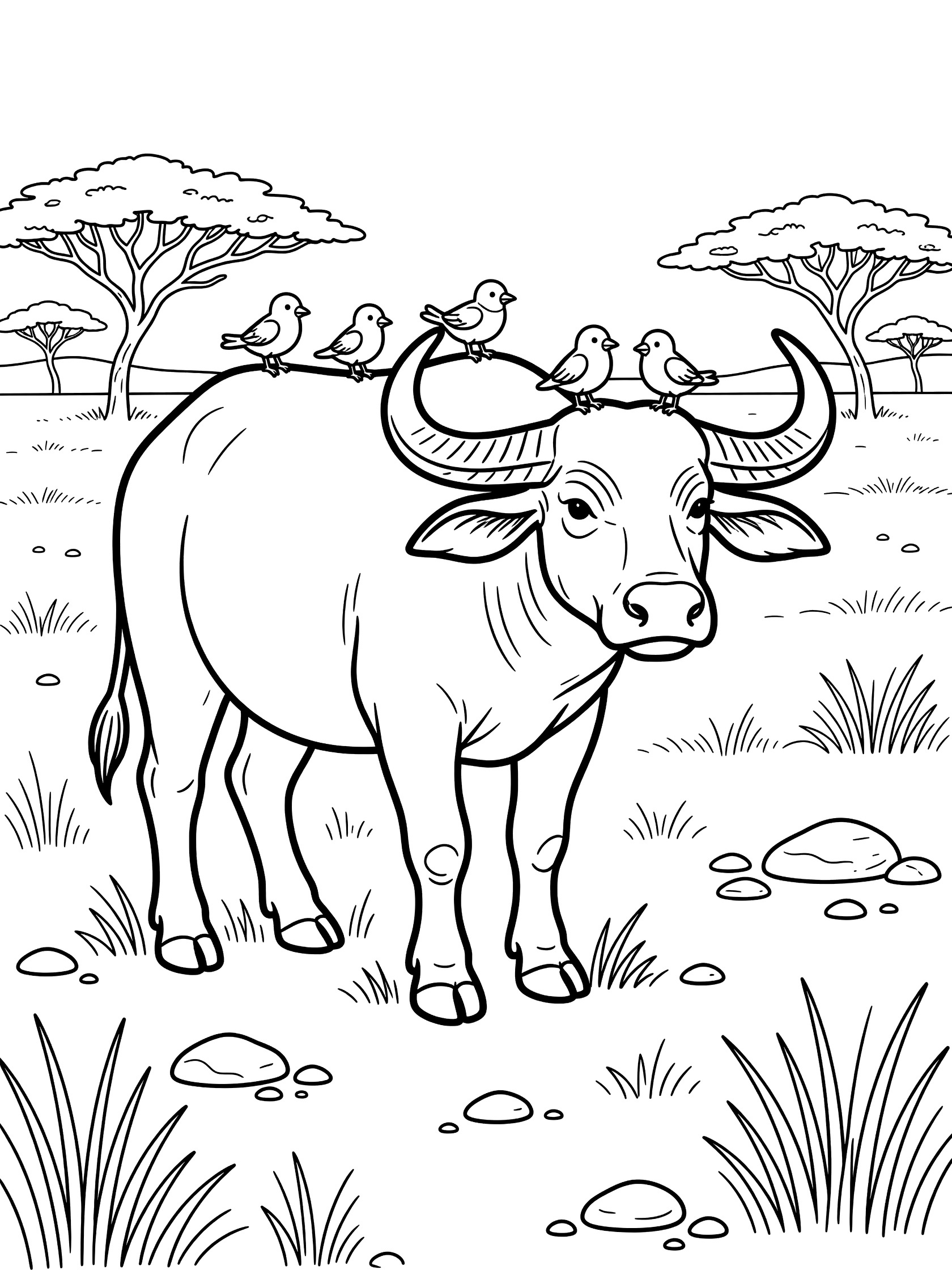 Black and white line drawing of a water buffalo standing in grass with small birds perched on its head and back, acacia trees and pebbles in the background.