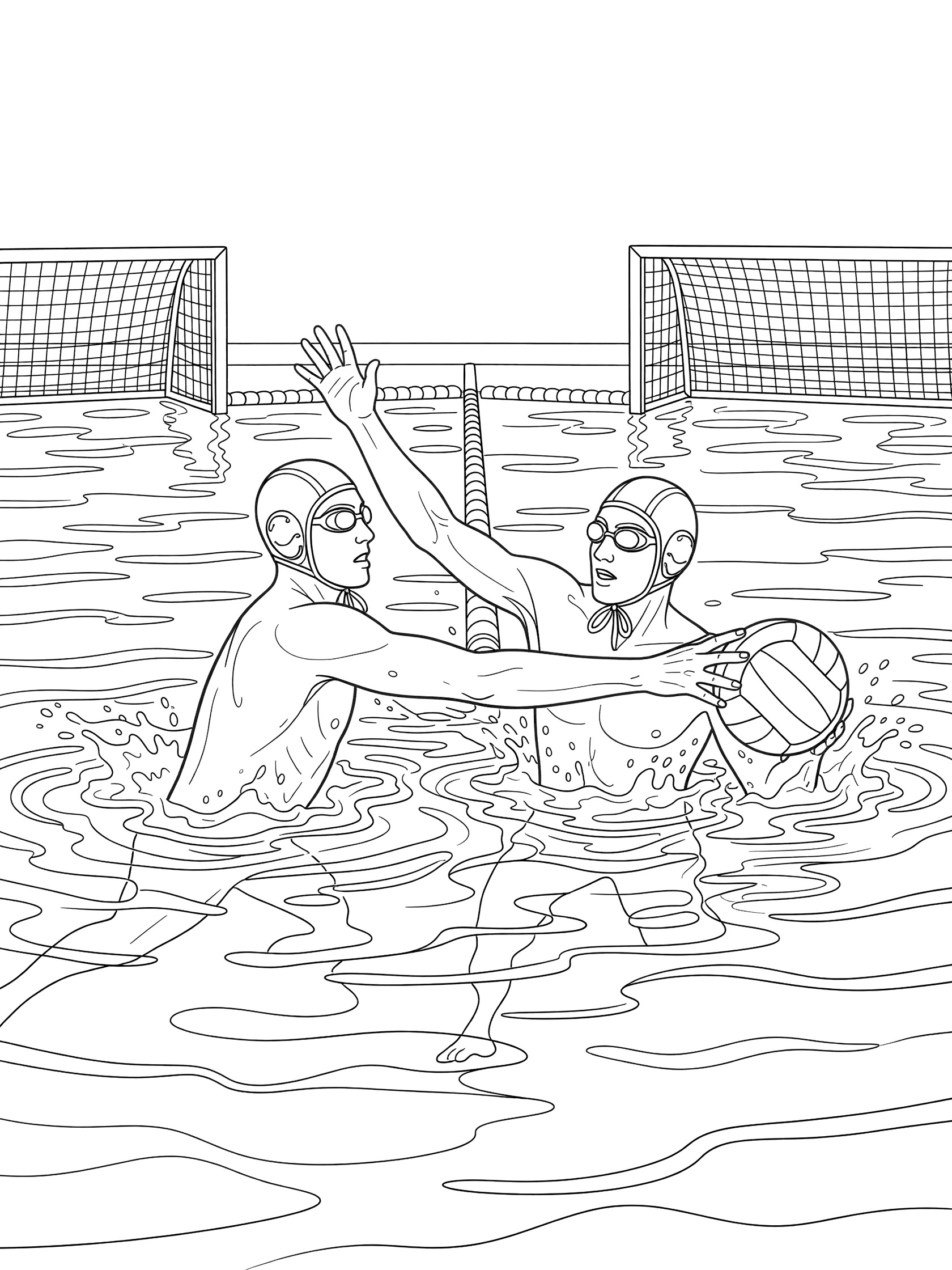 Water polo coloring page showing defender stealing ball from player in swimming pool with nets and water splashes