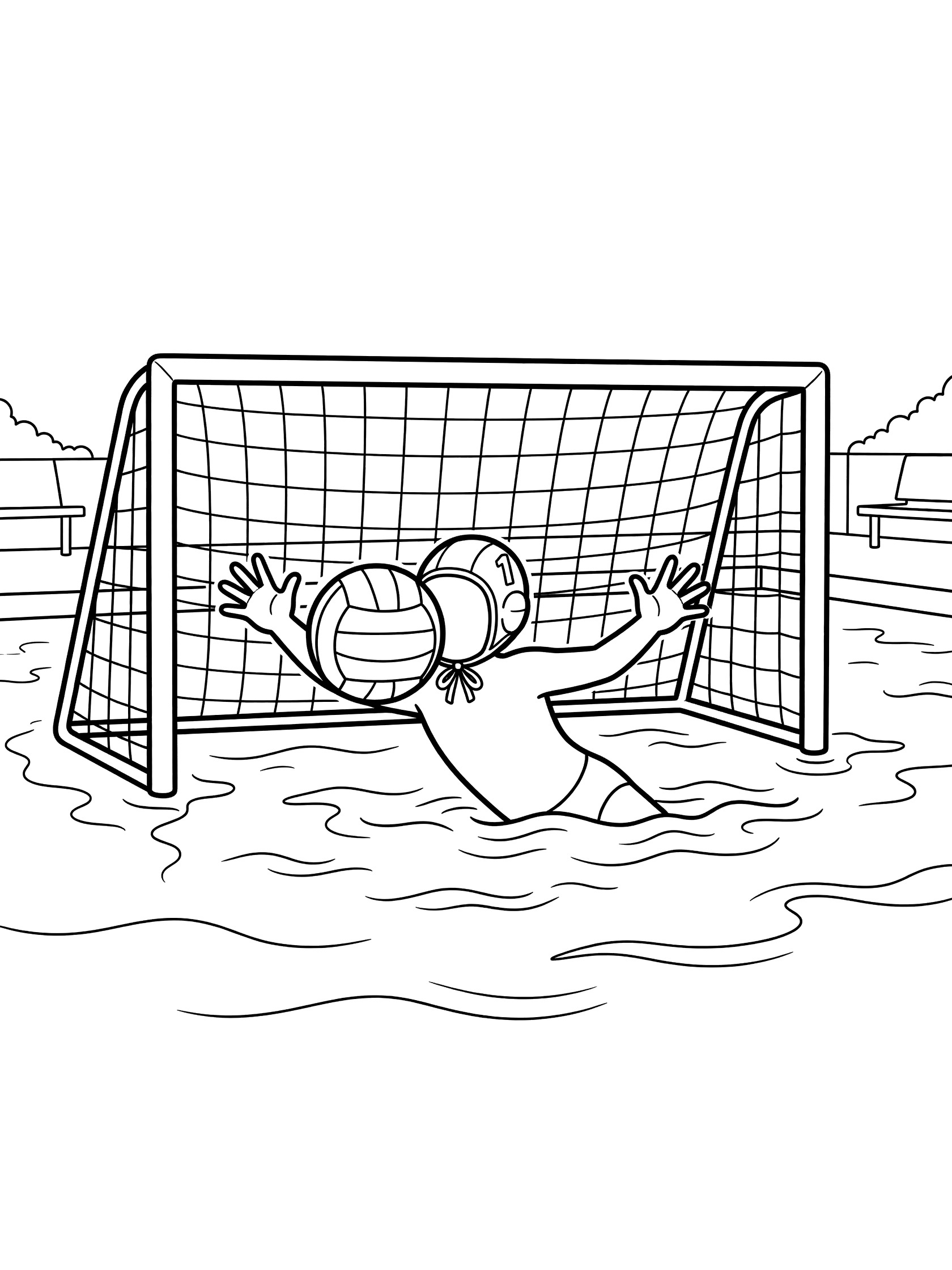 Black-and-white coloring page of a water polo goalkeeper in a cap diving to save the goal from a ball, with water waves and net visible.