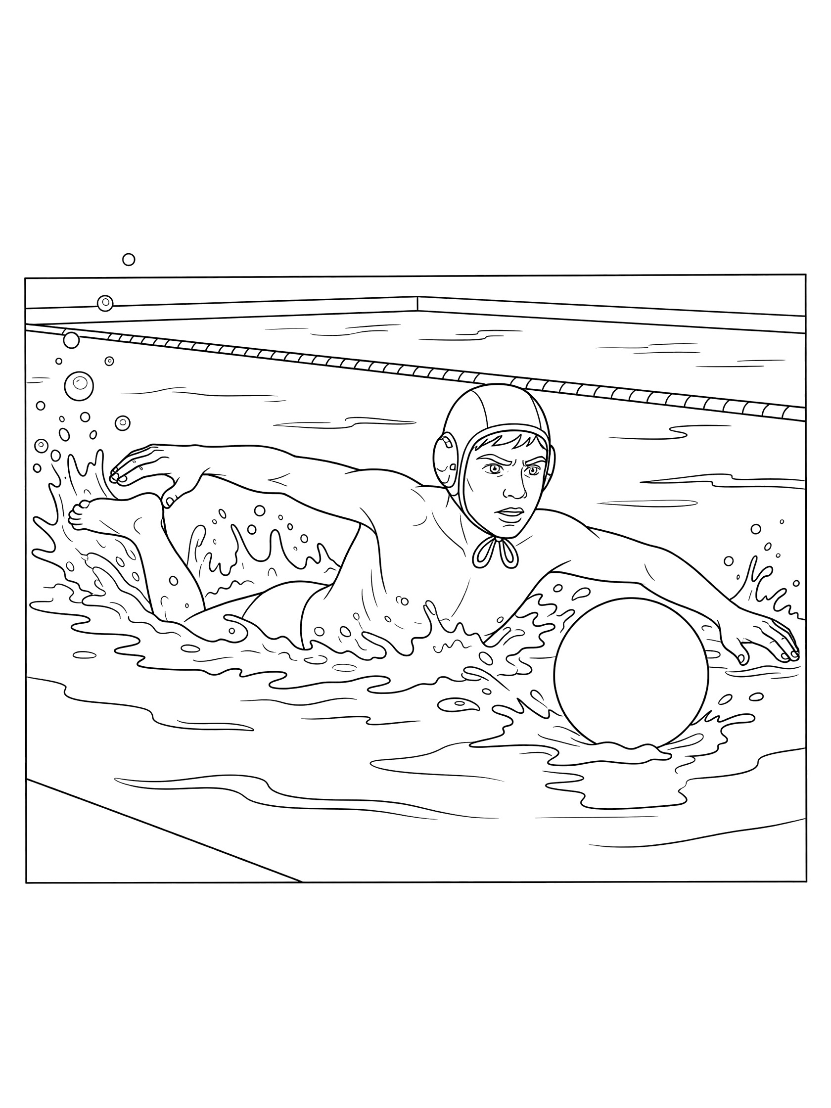 Black and white coloring page showing a water polo player in a swim cap dribbling a ball forward through pool water with bubbles and splashes.