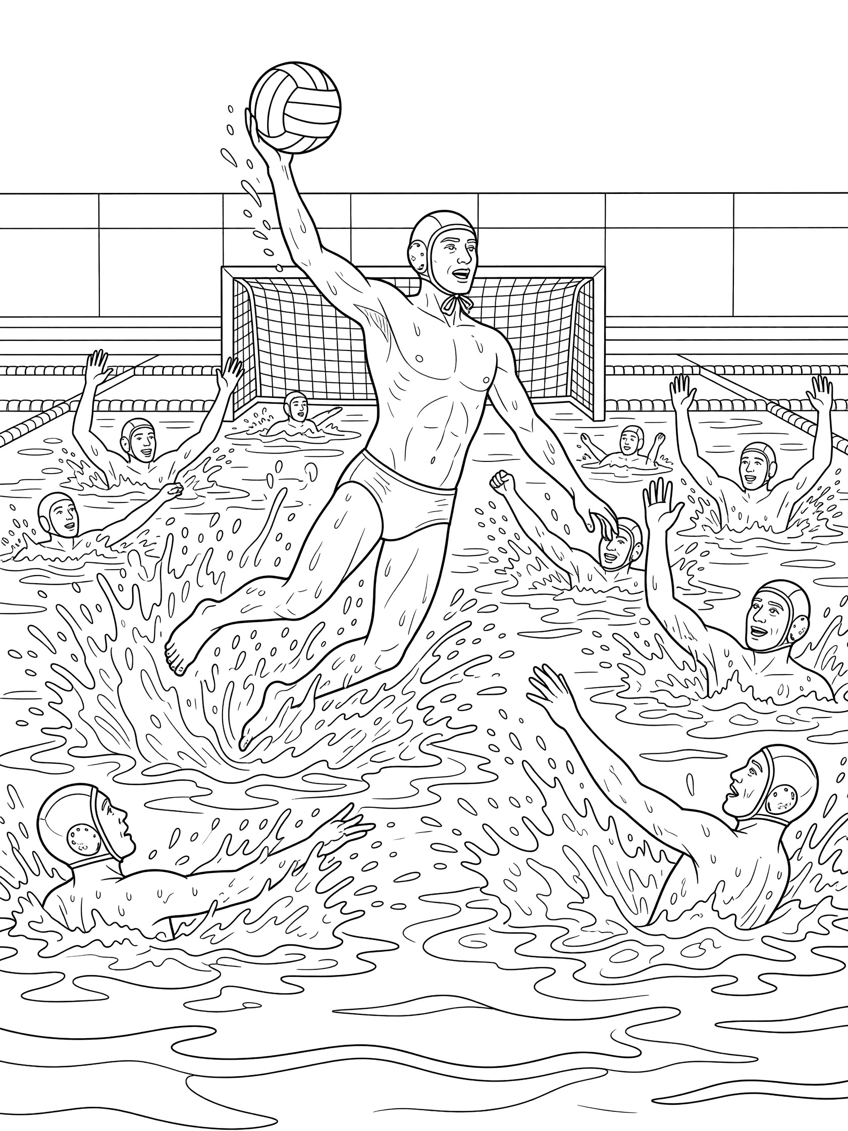 Black-and-white line art of a water polo player in swim cap jumping out of the water to shoot a ball toward the net goal, with teammates swimming and water splashes in an indoor pool.