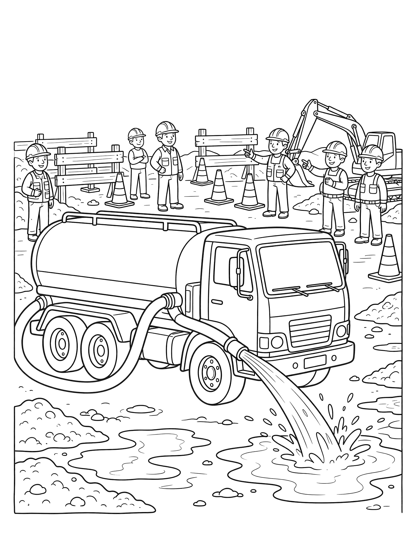 Black and white line art of a water truck with extended hose spraying water onto muddy ground at construction site, surrounded by workers in hard hats, orange cones, barriers, and excavator.