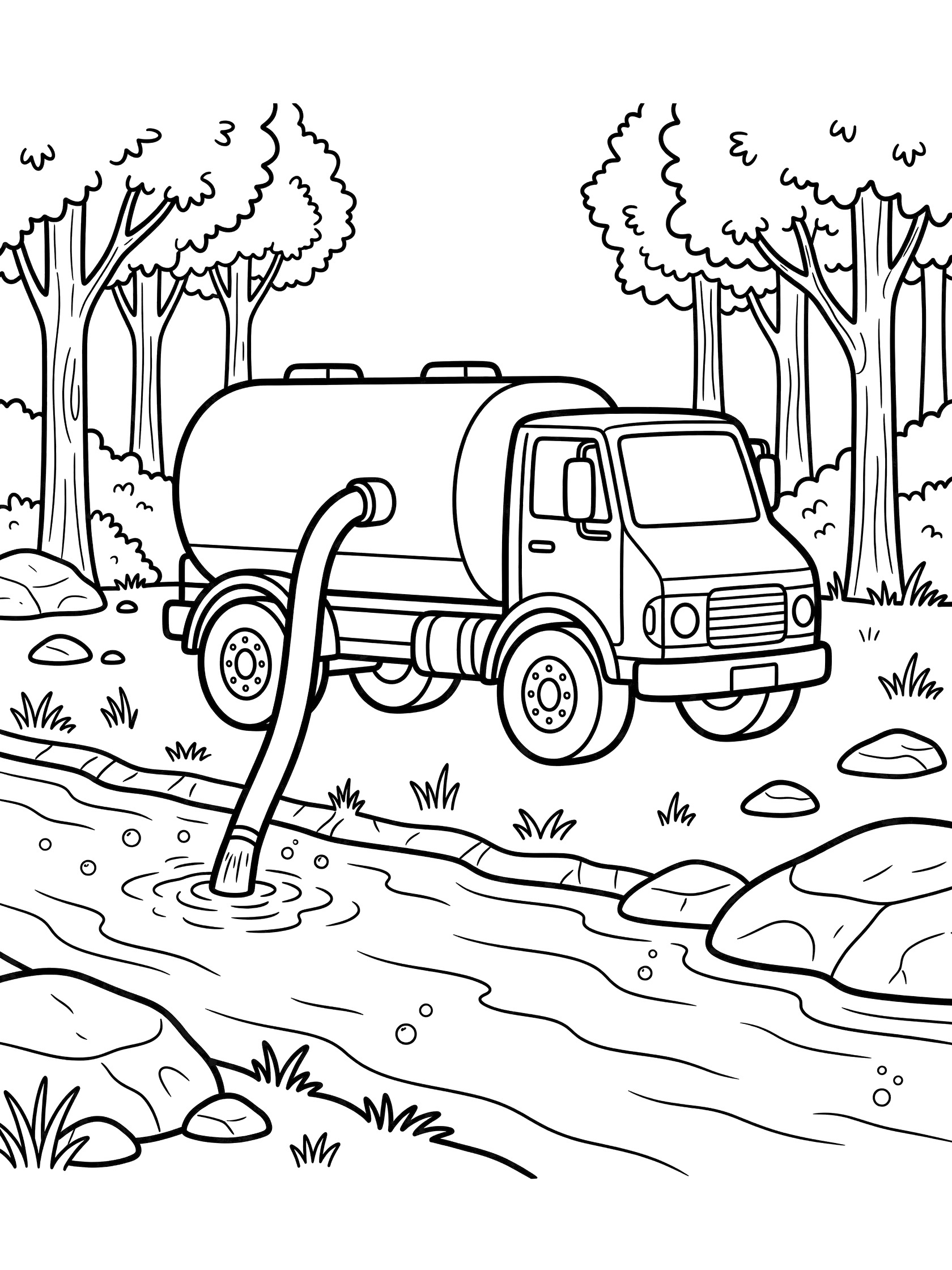 Black and white line art of a water truck filling its tank from a river using a long hose, with trees, rocks, grass, and waves around it.