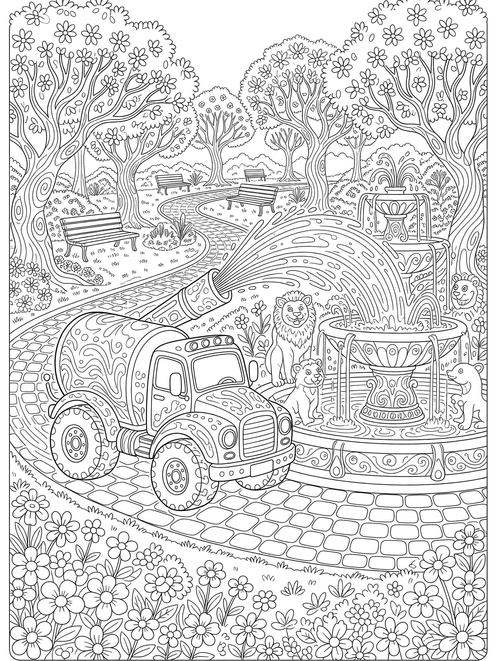 Black and white line art coloring page showing a cheerful water truck with big wheels spraying a stream of water toward a fancy park fountain with lion statues, surrounded by trees, bushes, flowers, paths, and benches.