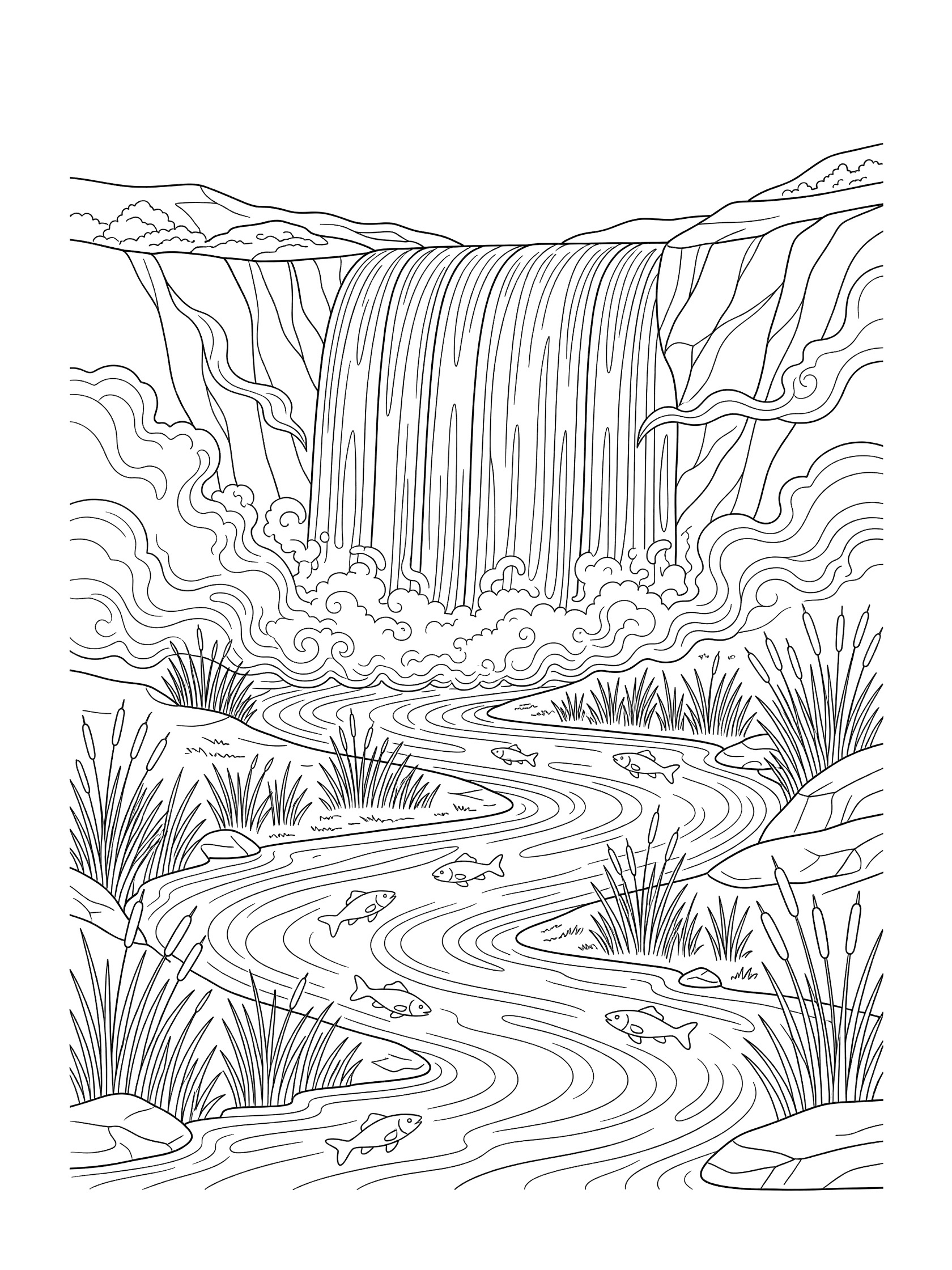 Black and white coloring page showing a wide waterfall cascading over rocks into a curving river with fish swimming and reeds on the banks