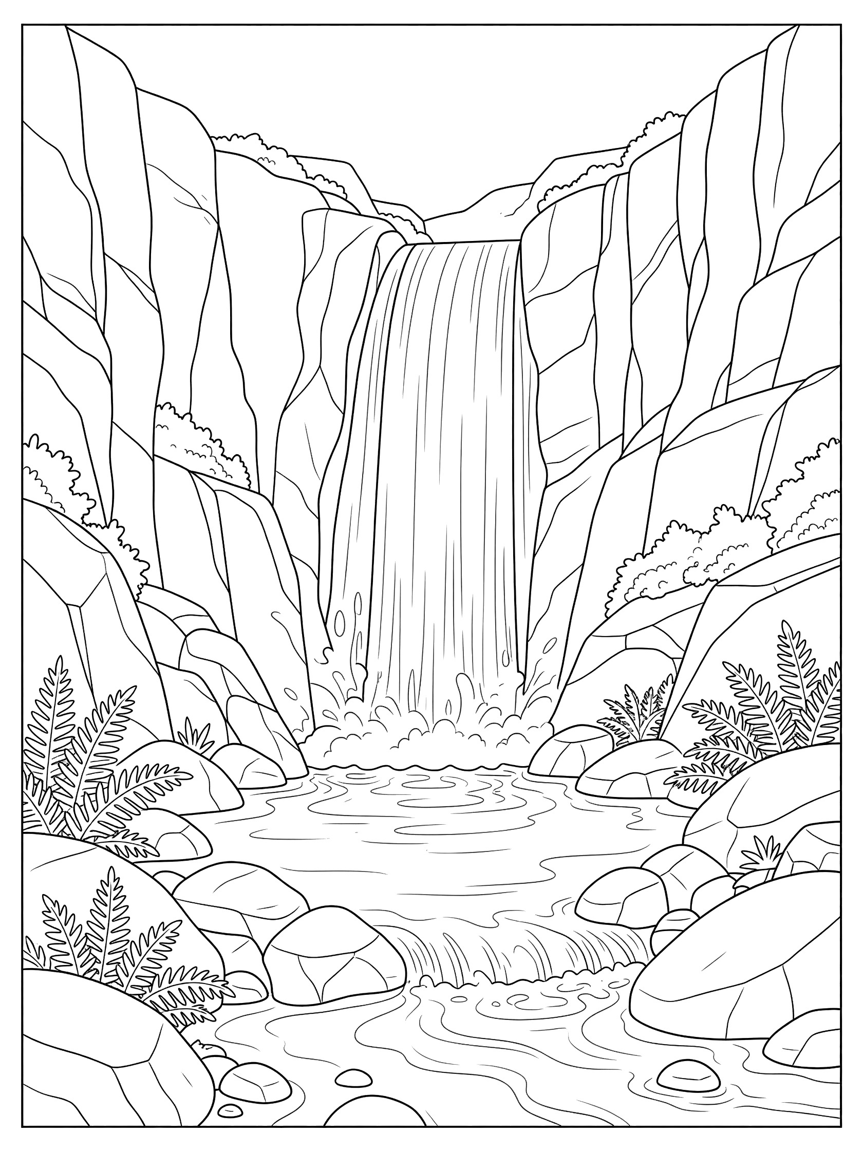 Black and white line art coloring page showing a tall waterfall tumbling between steep rocky canyon walls into a calm pool surrounded by boulders and ferns. Kings Canyon themed black and white printable line art