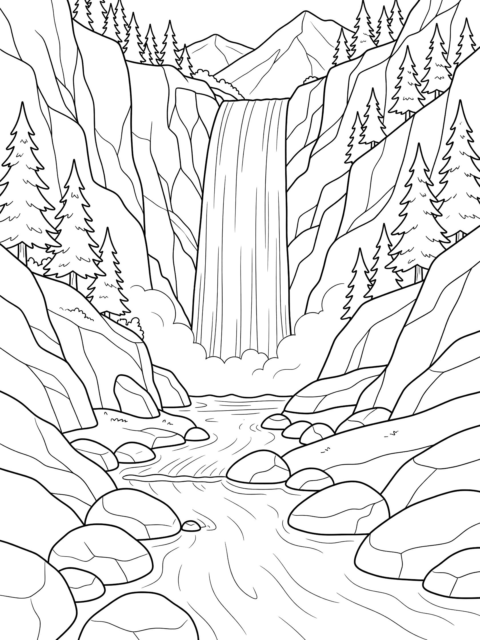 Black and white line art coloring page showing a waterfall cascading from mountain cliffs into a rocky stream, surrounded by pine trees on canyon slopes.