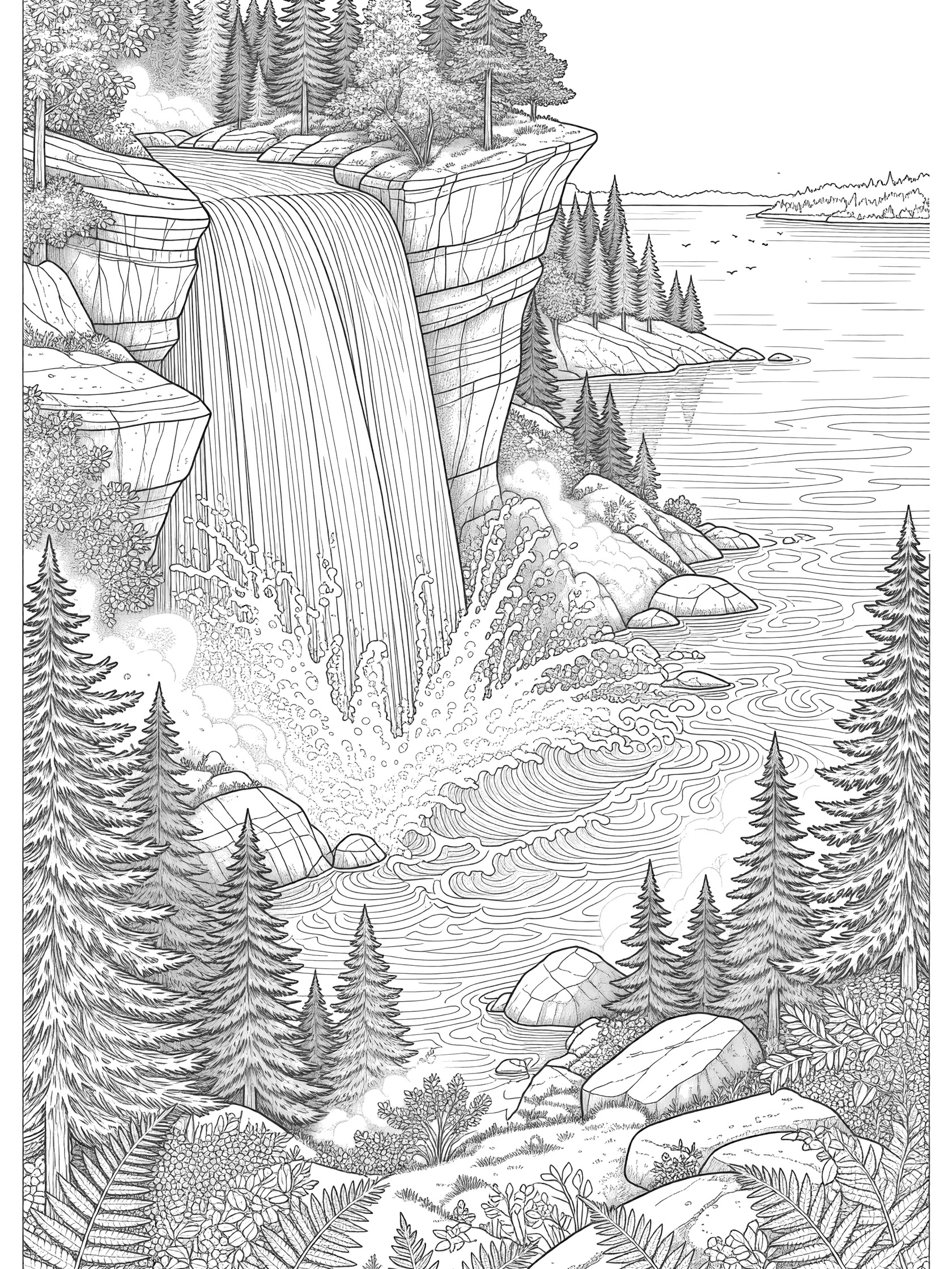 Detailed line art coloring page showing a waterfall cascading over cliffs into a Great Lake, surrounded by pine trees, ferns, rocks, and waves.