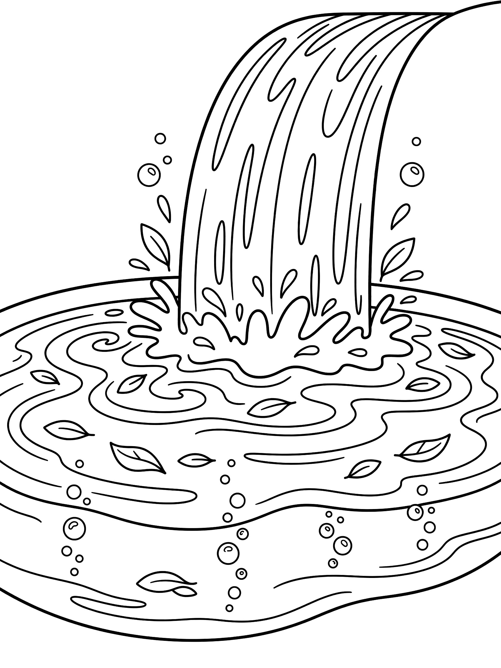 Black and white line art coloring page showing a waterfall flowing into a pond with floating leaves, bubbles, and swirling water lines.