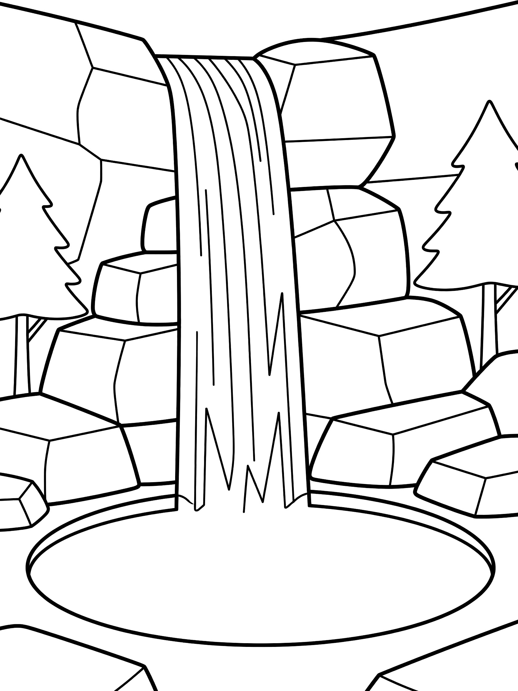 Black and white line art coloring page showing a waterfall in straight lines down geometric rocks into a round pool with tree shapes.
