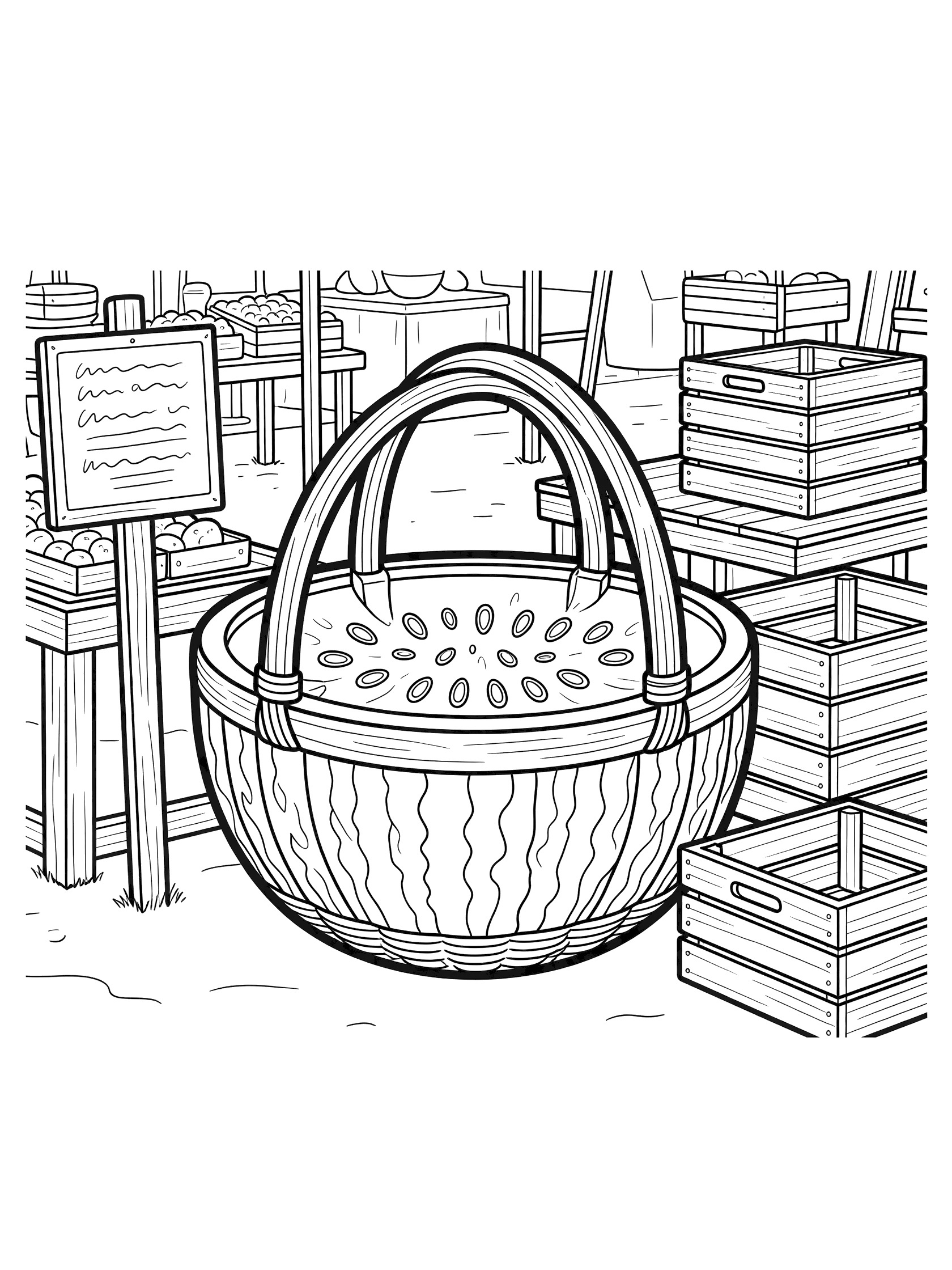 Printable coloring page of a watermelon carved into a basket with handles at an outdoor summer market stall, surrounded by wooden crates and a signpost.