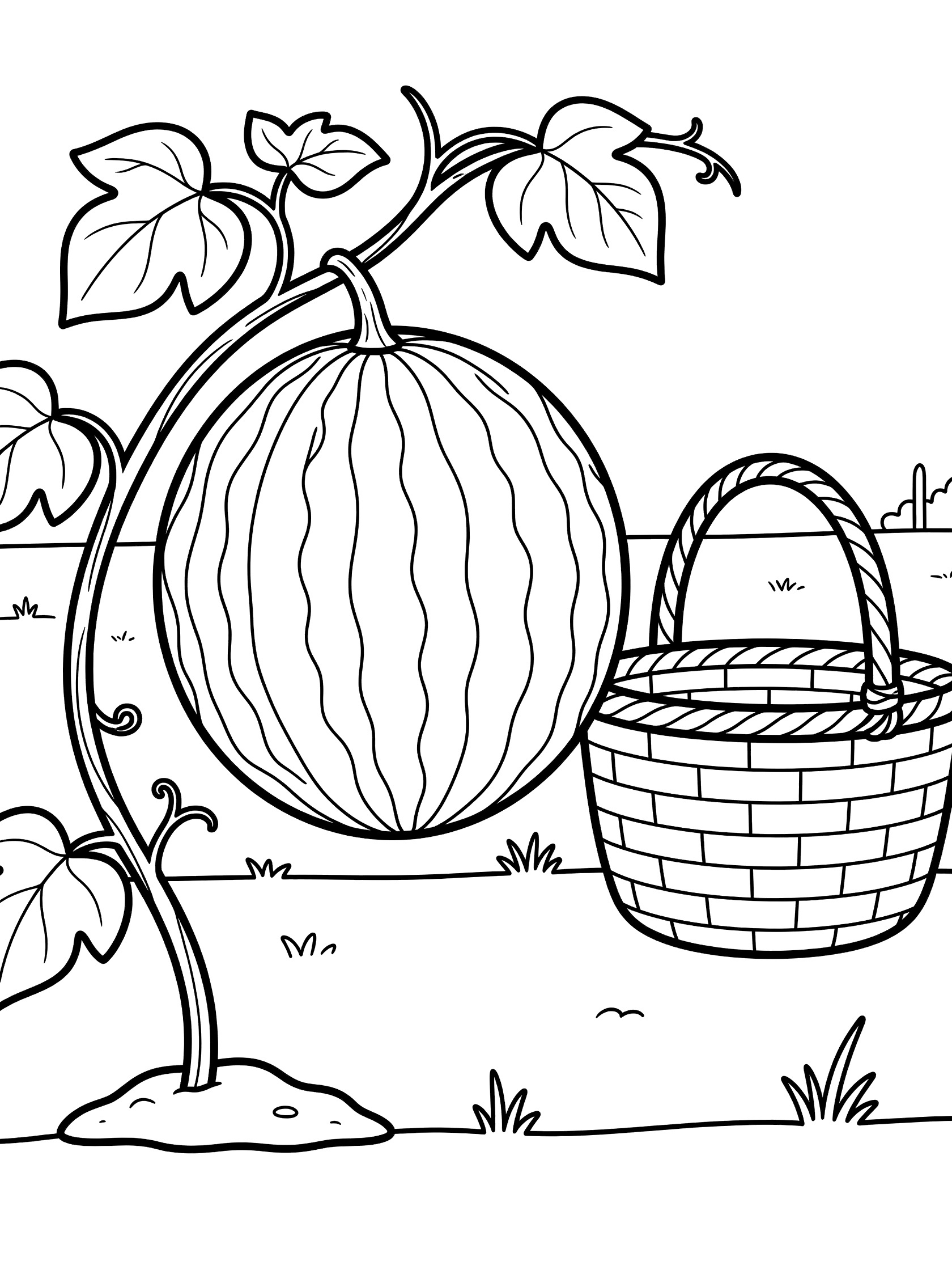 Black and white coloring page of a striped watermelon on a vine with leaves and a basket nearby in a garden patch