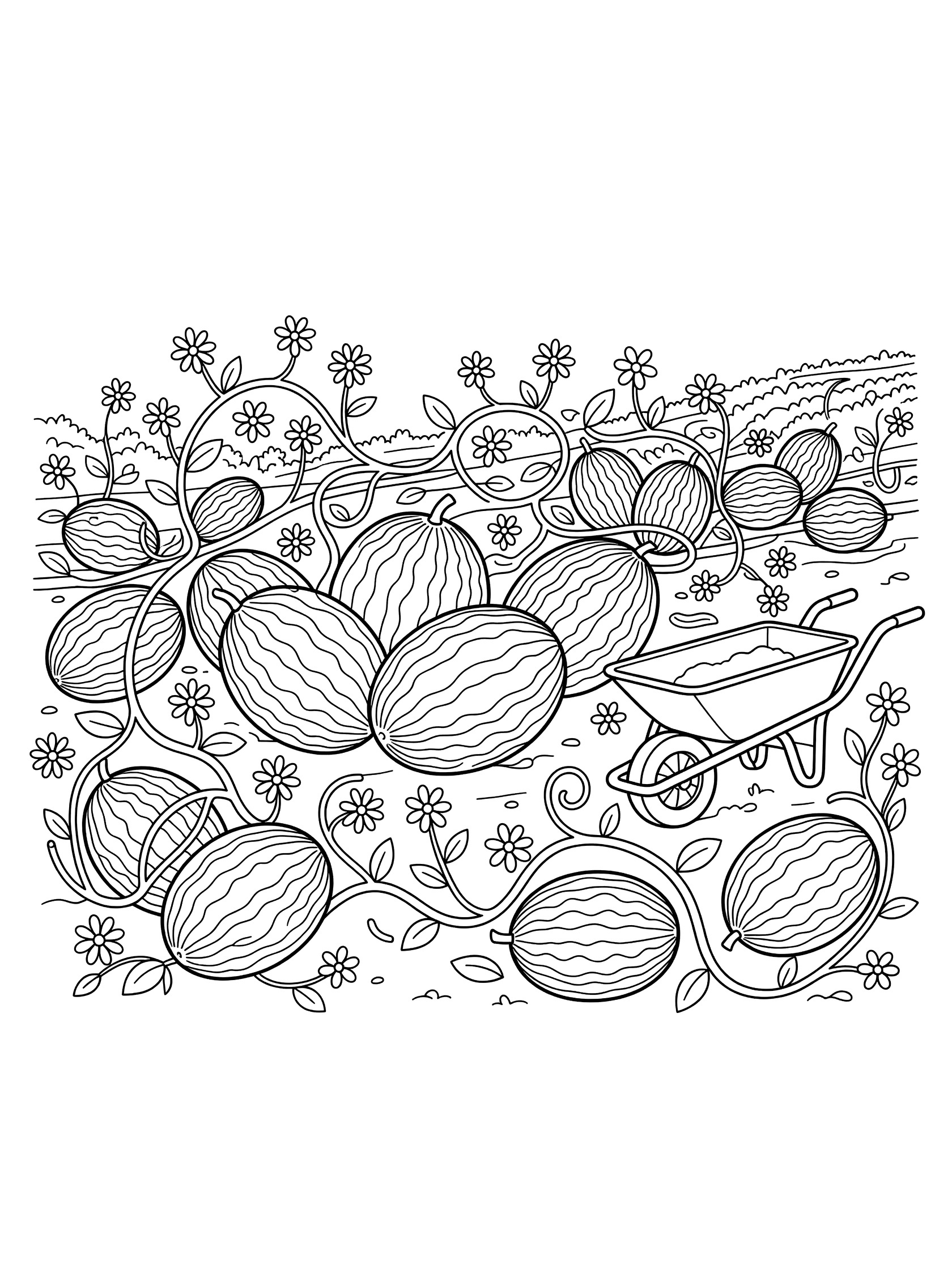 Printable coloring page showing a cluster of watermelons on vines in a farm field with flowers and a wheelbarrow