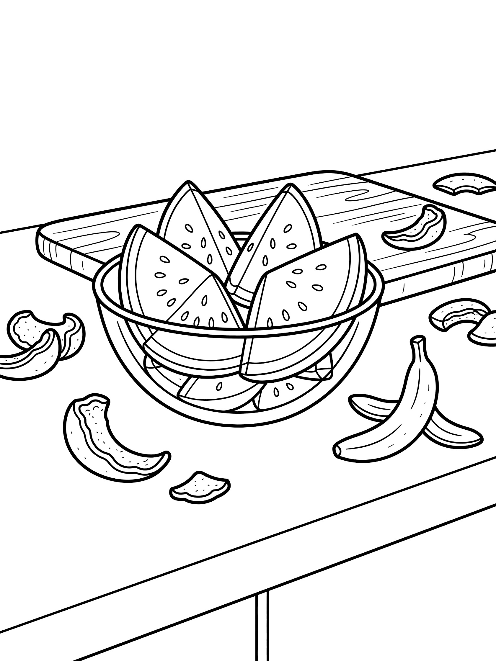 Printable coloring page showing watermelon wedges in a bowl, banana peels, watermelon rinds on a cutting board and counter