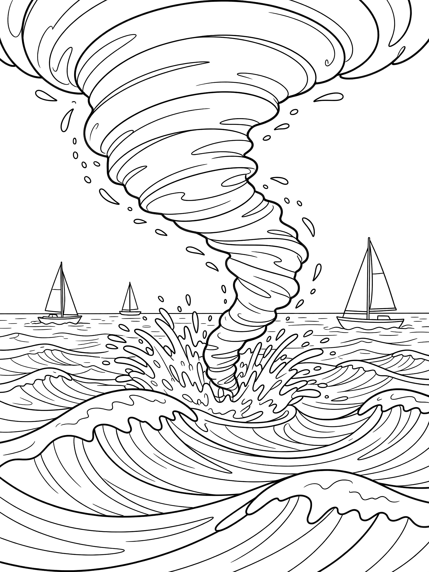 Black and white line art coloring page showing a tall waterspout tornado over choppy sea waves and several sailboats in the distance.