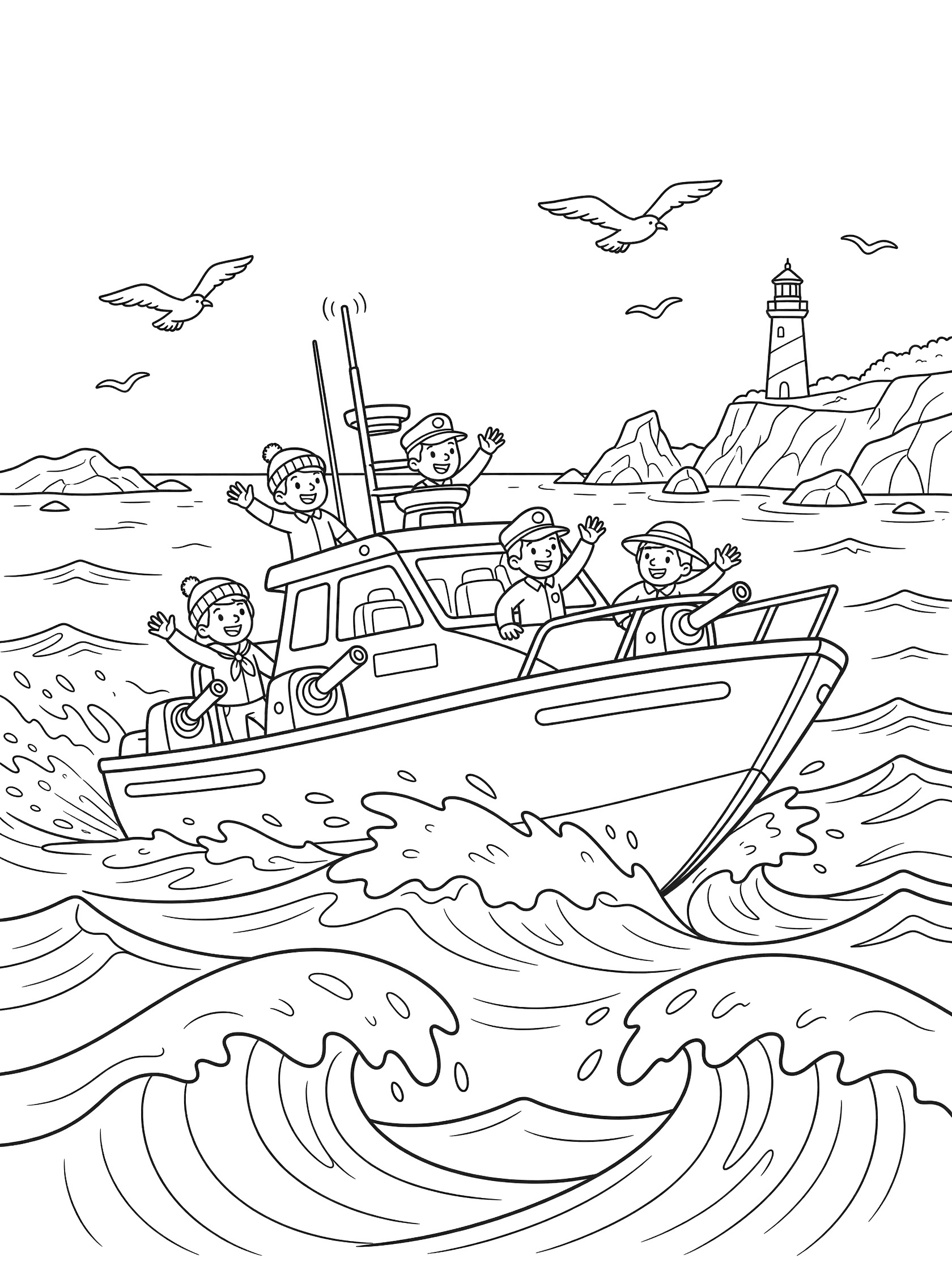 Black and white line art coloring page of Wave Rider patrol boat surging through choppy ocean waves, with cartoon sailors in hats waving from deck, deck guns, tall radar mast, crashing waves, seagulls, distant lighthouse and rocky coast.