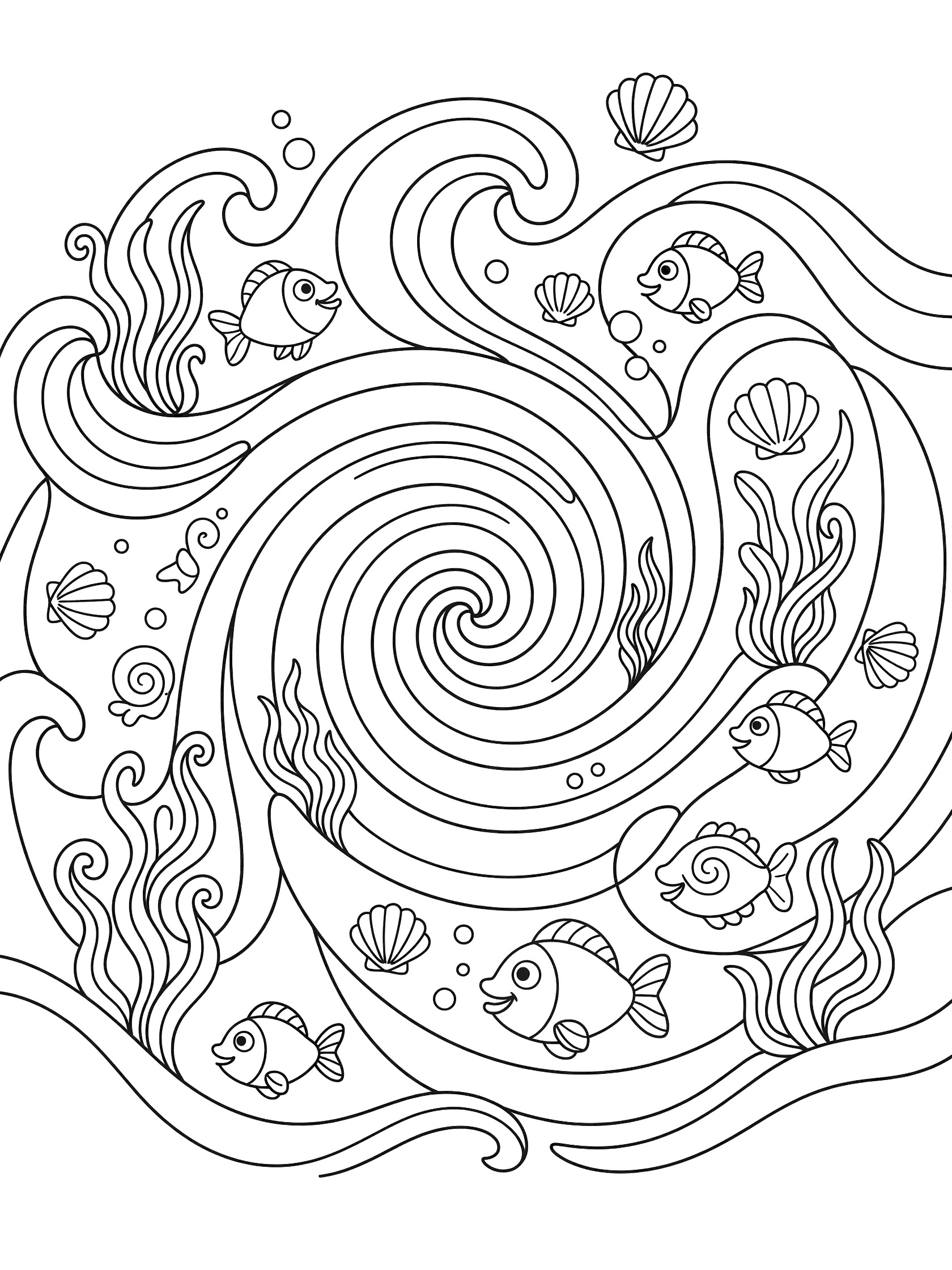 Simple wave spiral mandala coloring page with central spiral, gentle waves, cute fish, seaweed, seashells, and bubbles in black-and-white line art.