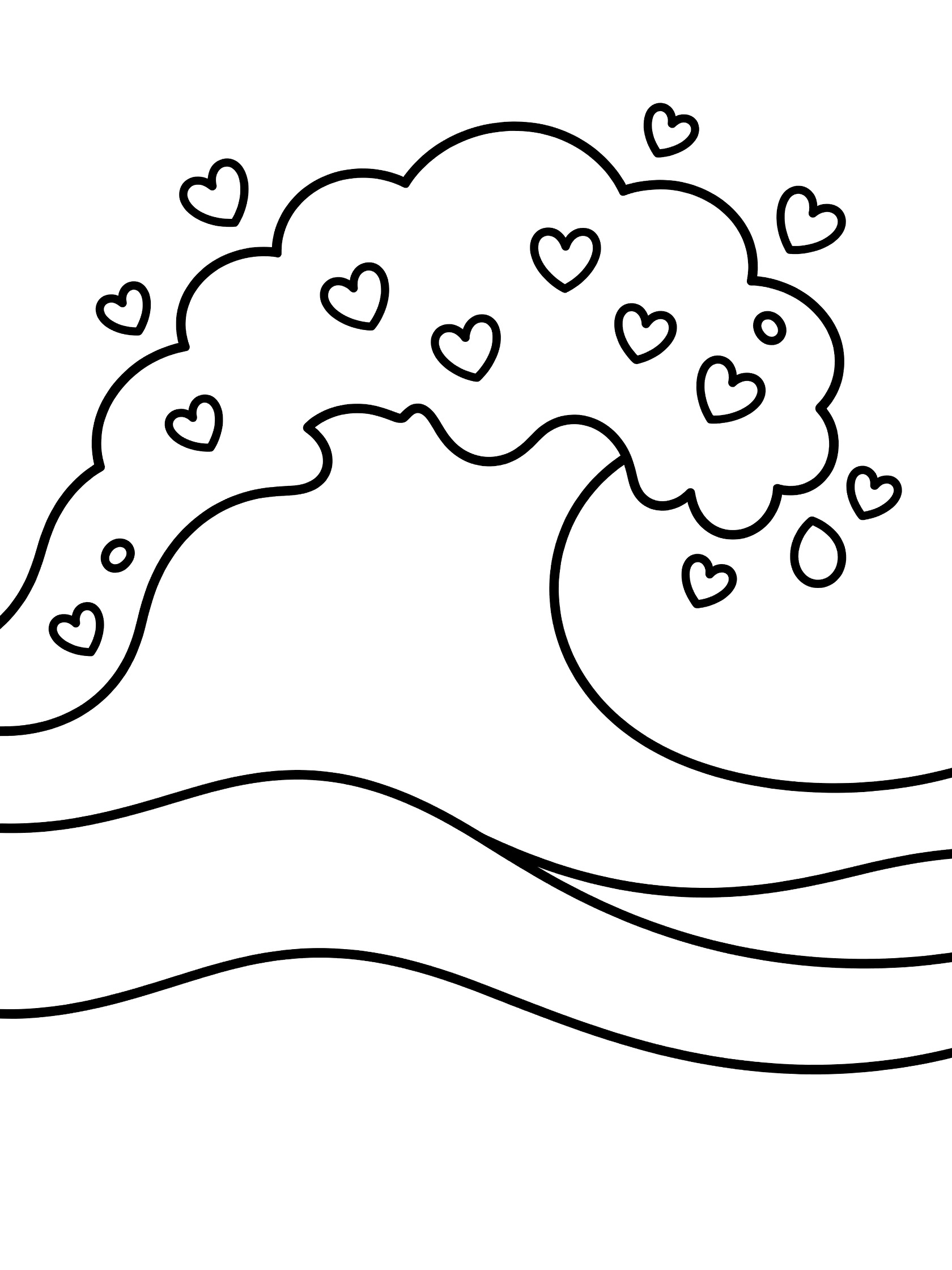 Black and white line art coloring page showing a large curling ocean wave with foamy crest full of heart-shaped bubbles and splashes, smooth waves below. Tsunami themed black and white printable line art
