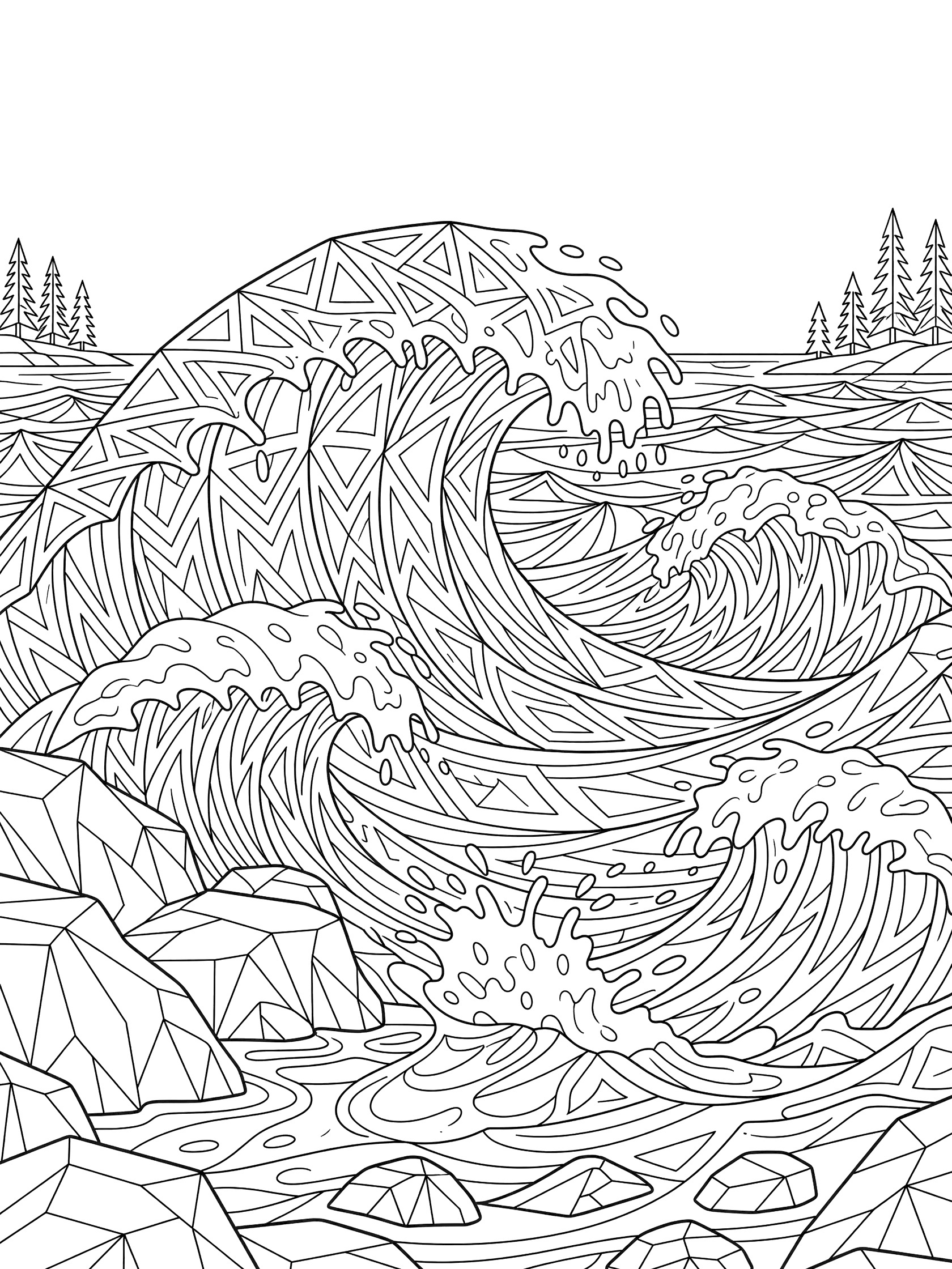 Black and white line art coloring page showing angular waves crashing on polygonal rocks at the Great Lakes with distant pine tree silhouettes.