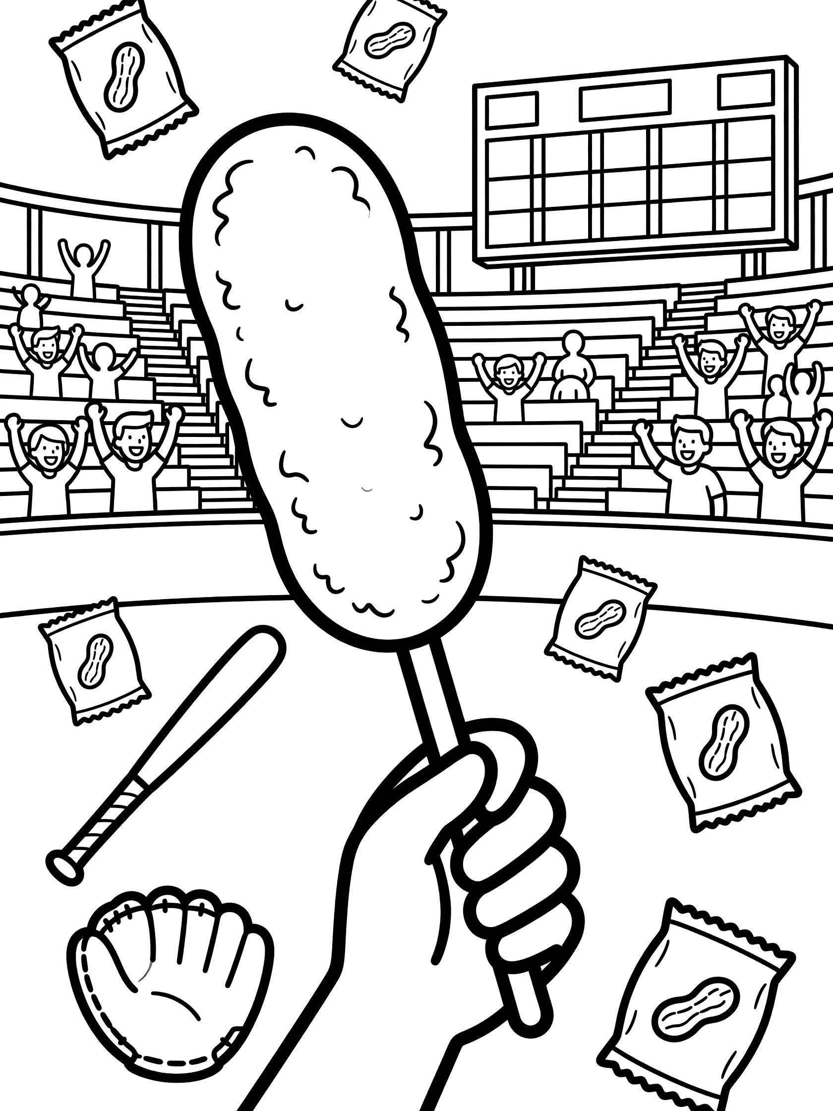 Line art coloring page showing a waving corn dog at a baseball stadium game with peanuts, bat, glove, and scoreboard