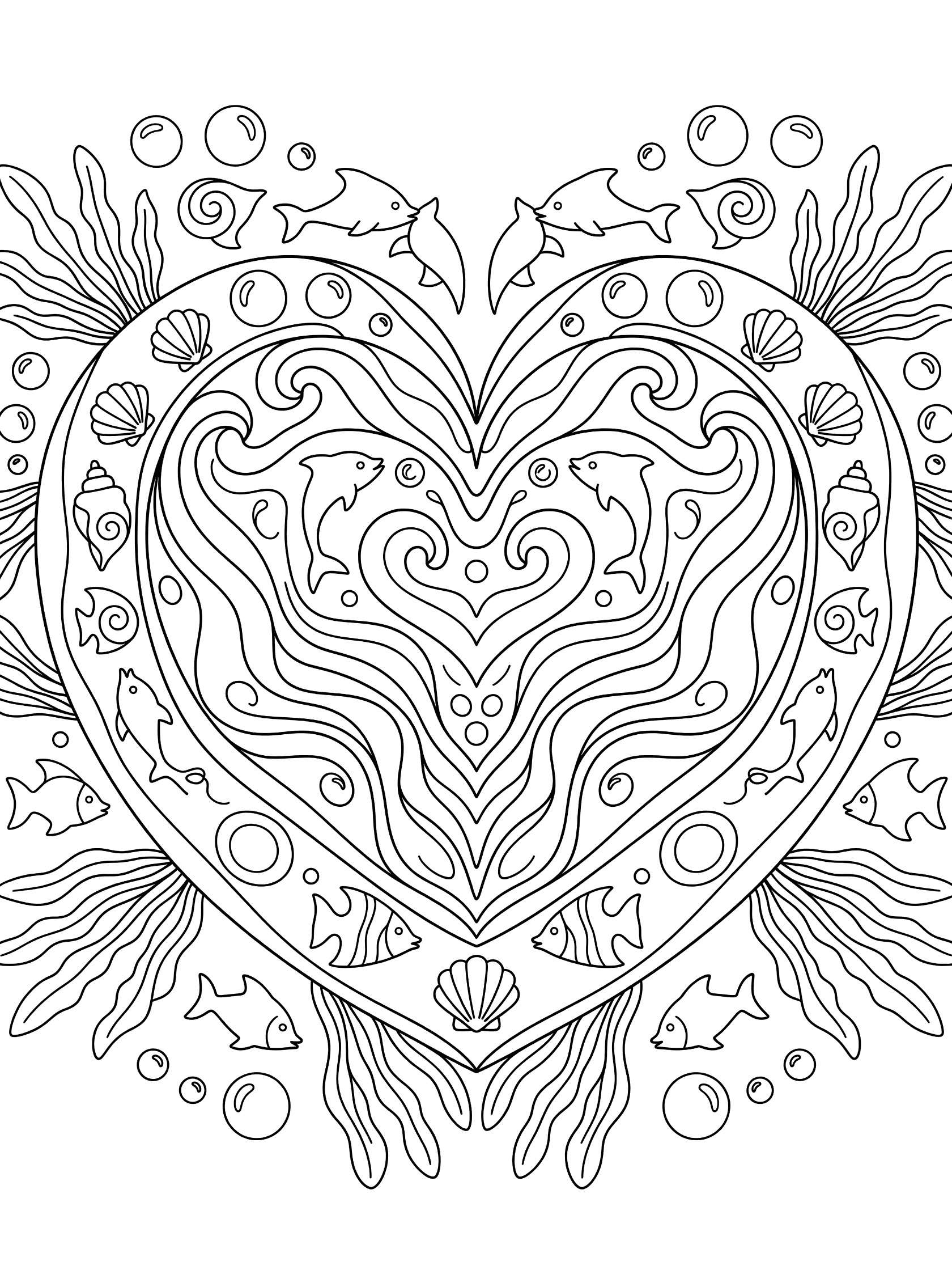 Black and white line art of a large wavy heart mandala with swirling waves, bubbles, playful fish, seashells, and seaweed tendrils in a symmetrical pattern.