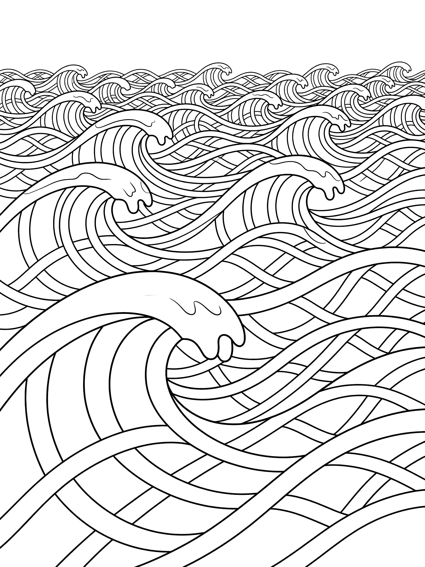 Black and white coloring page of wavy lattice waves, featuring overlapping curved lines in geometric lattice patterns like undulating sea swells.