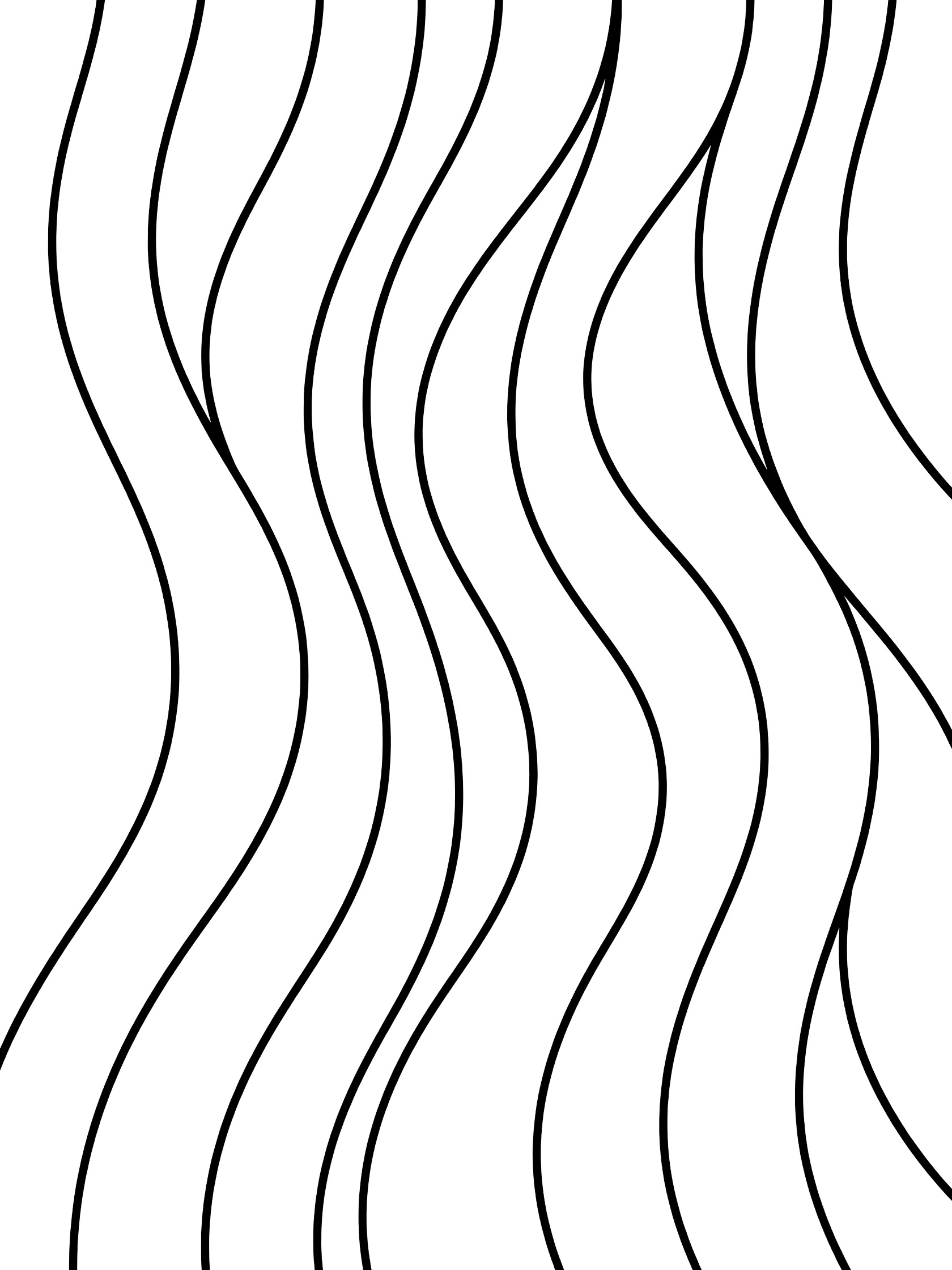 Black and white line art coloring page of vertical wavy lines undulating from top to bottom like flowing curtains with gentle curves. Waves themed black and white printable line art