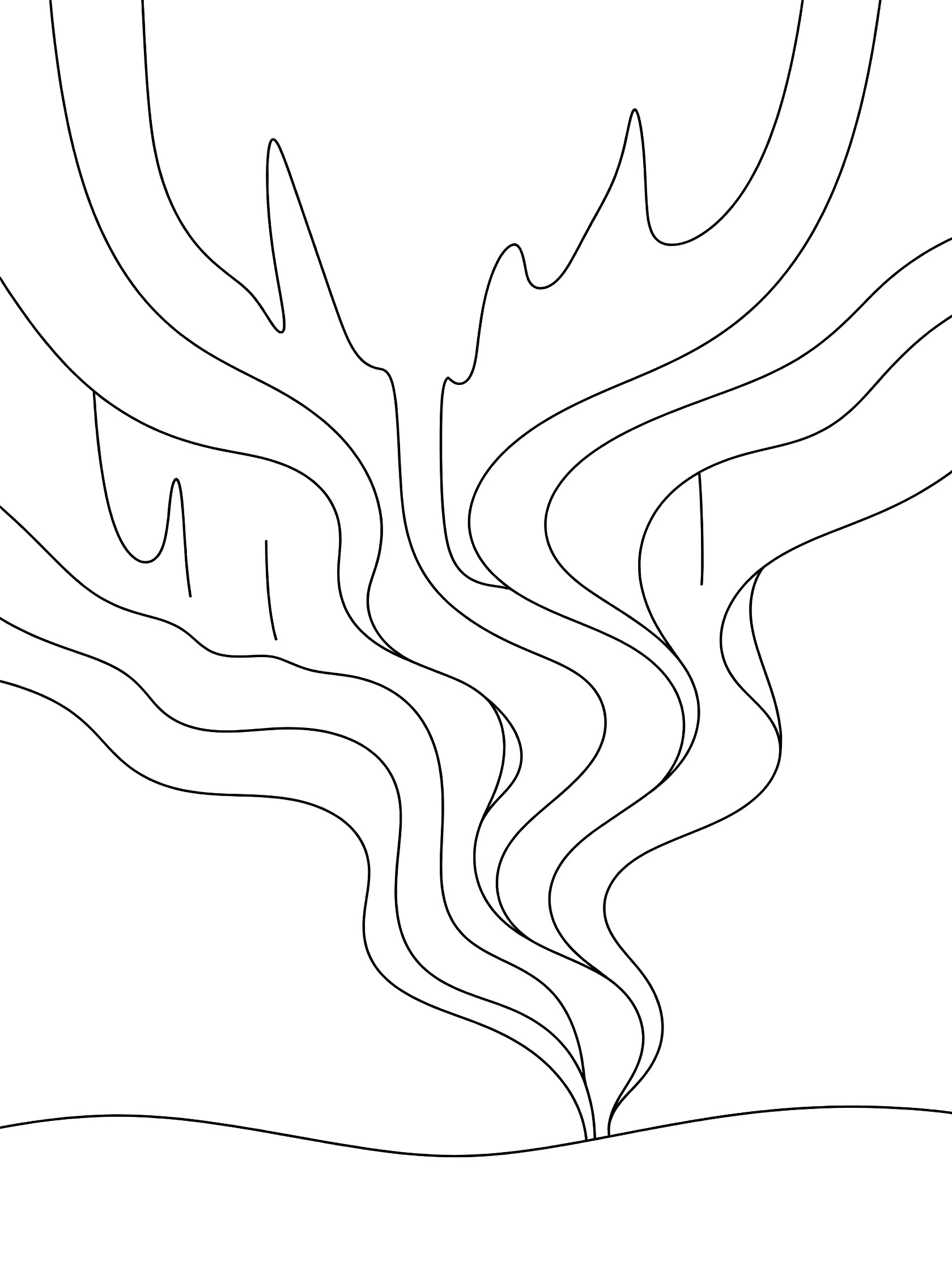 Black and white line art coloring page showing wavy curved lines flowing down from top to a flat horizontal ground line. Aurora Borealis themed black and white printable line art