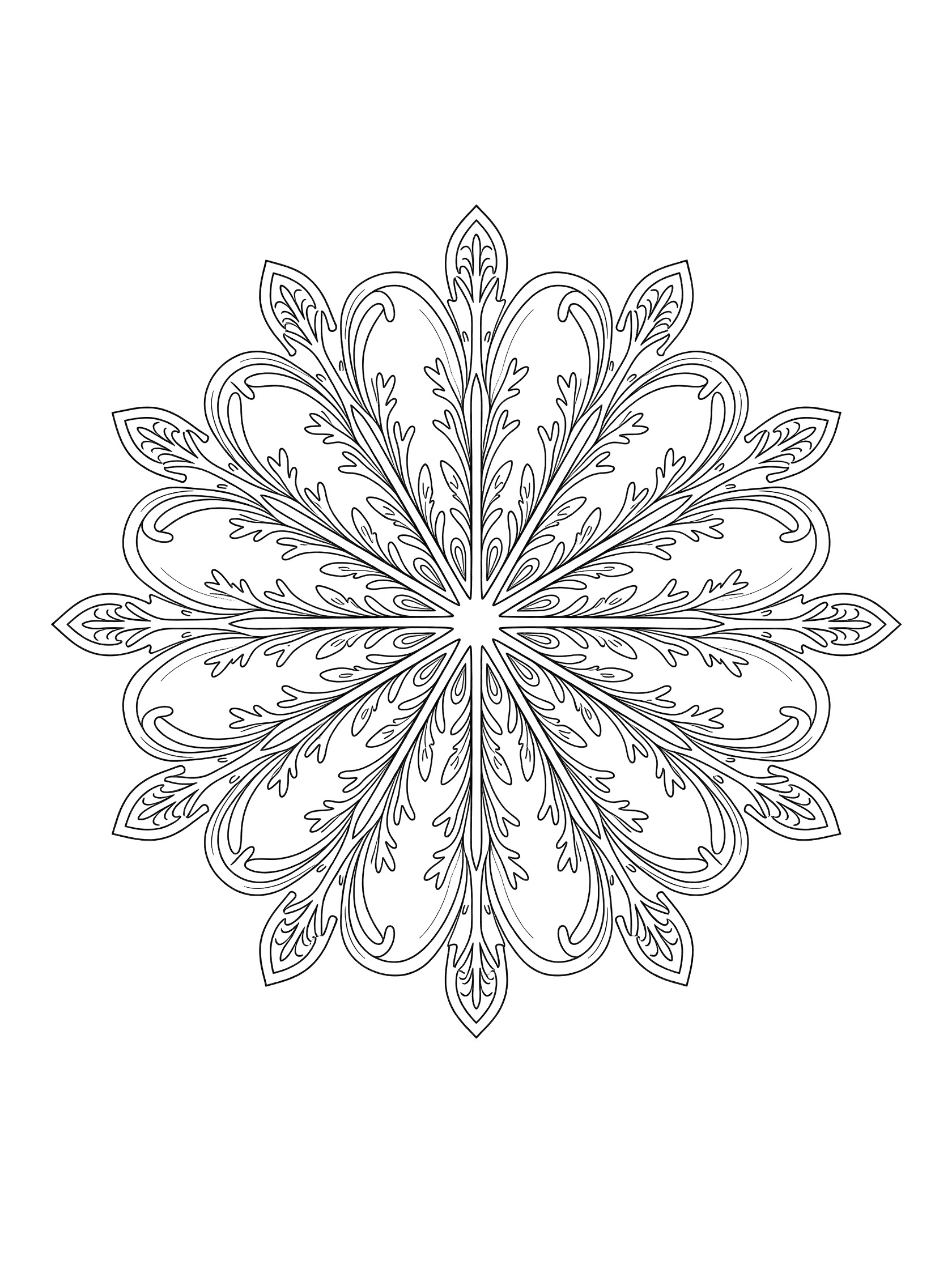 Symmetrical wavy snowflake mandala line art coloring page with radiating curved arms and intricate core on white background