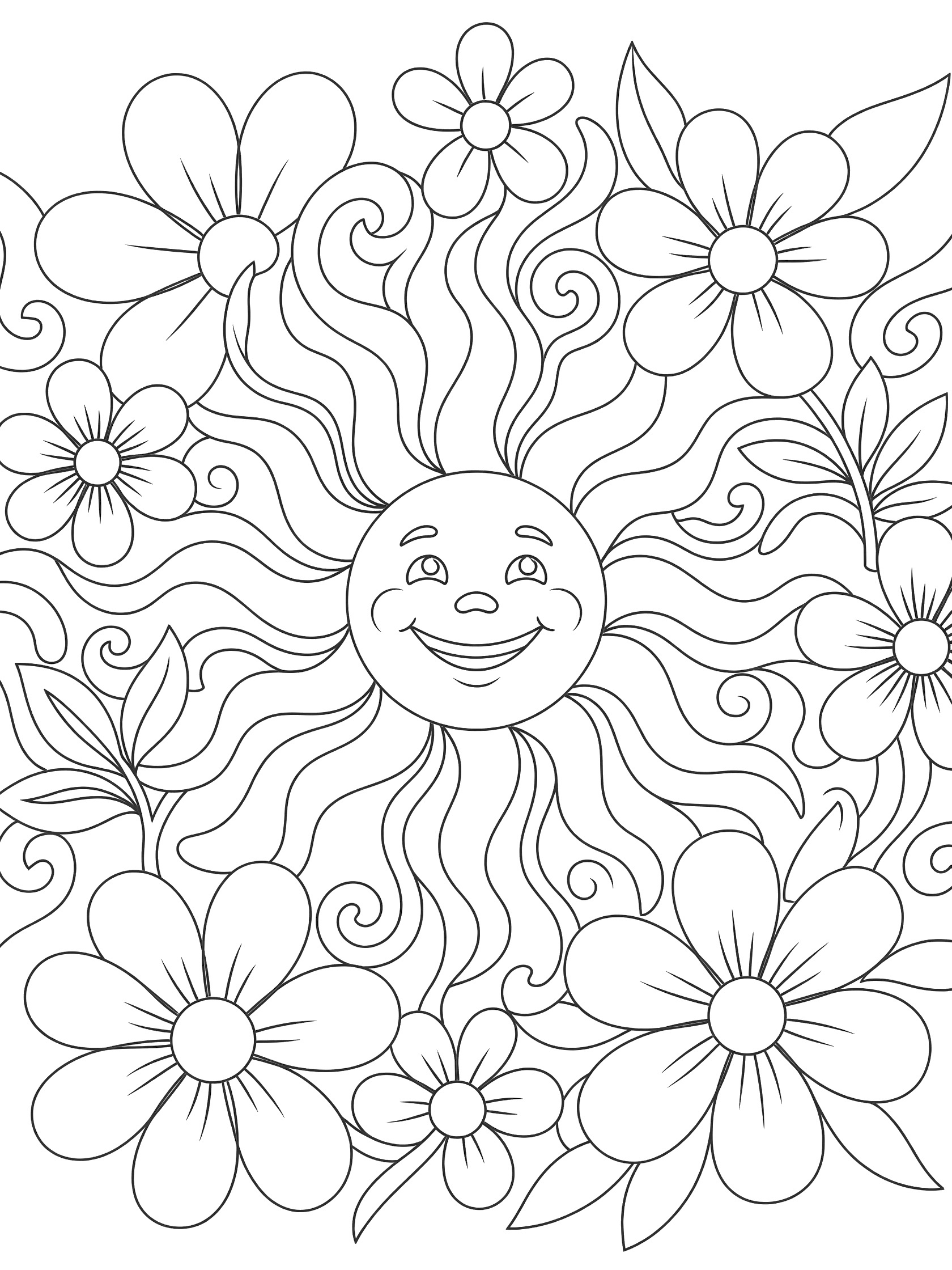 Black and white coloring page of a joyful sun mandala with wavy radiating rays, swirling vines, flowers, and leaf patterns.