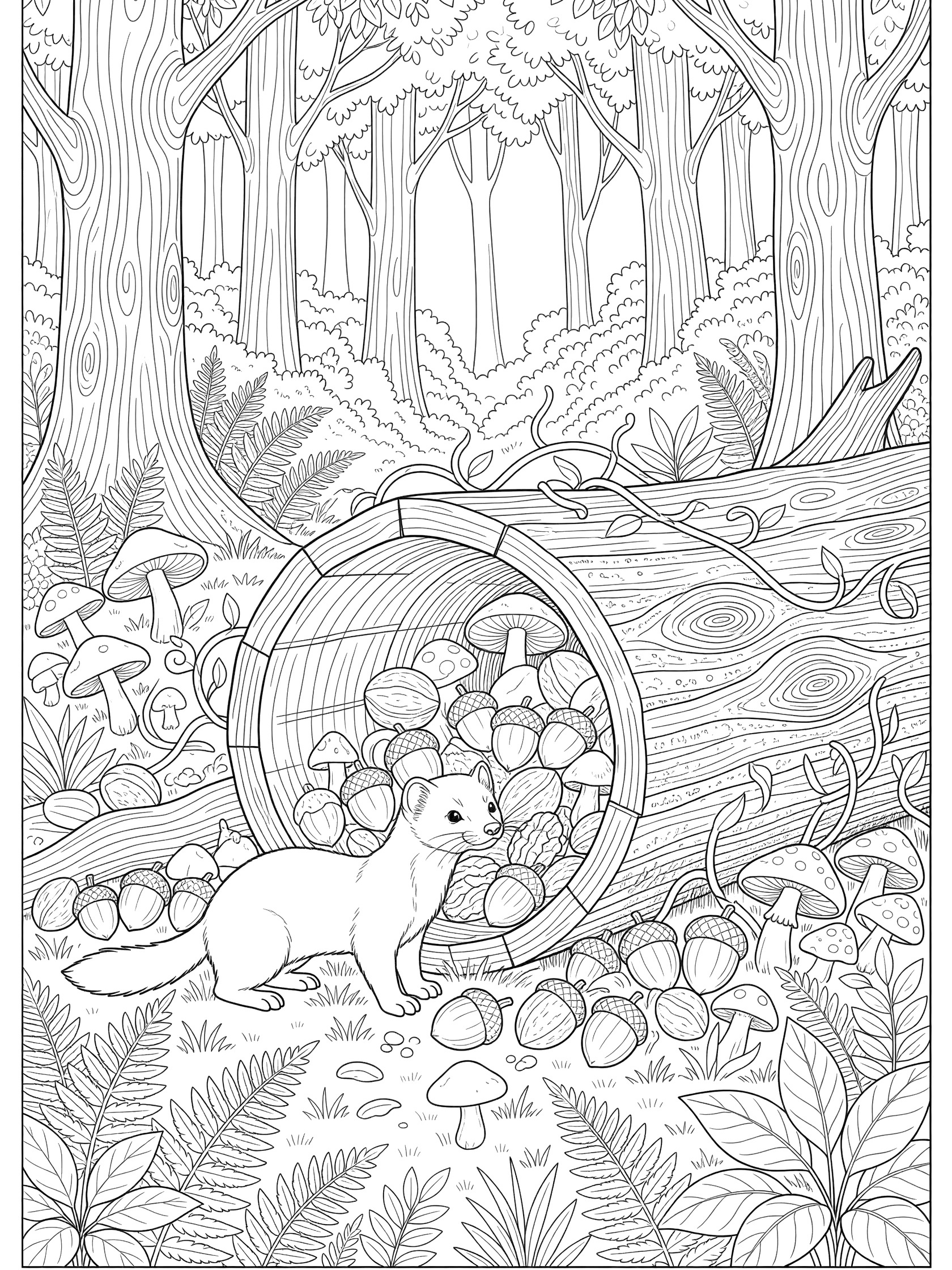 Black and white line art coloring page showing a weasel looking into a large hollow log packed with acorns and mushrooms surrounded by forest trees ferns and foliage. Marten themed black and white printable line art