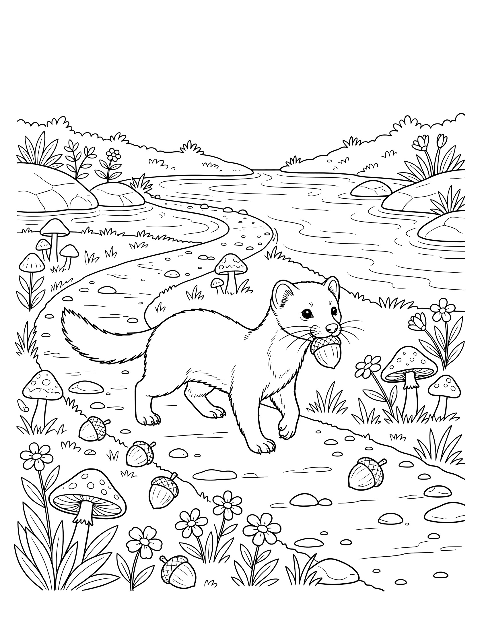 Black and white line art coloring page showing a weasel holding an acorn in its mouth, walking on a forest path surrounded by mushrooms, wildflowers, acorns, rocks, and a winding stream in the background. Marten themed black and white printable line art