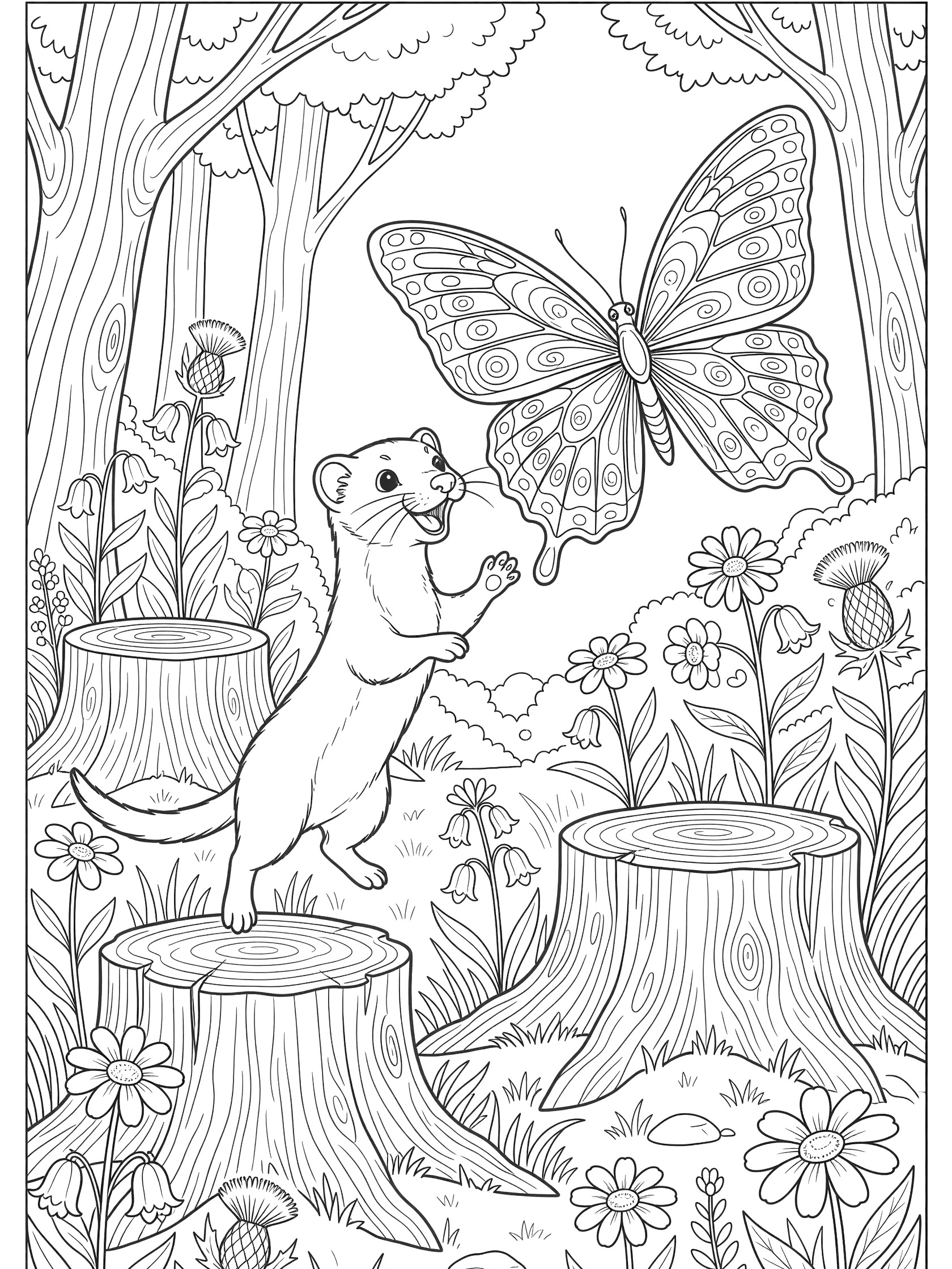 Black and white line art coloring page showing a weasel jumping after a big butterfly by flowers and stumps in a forest setting.