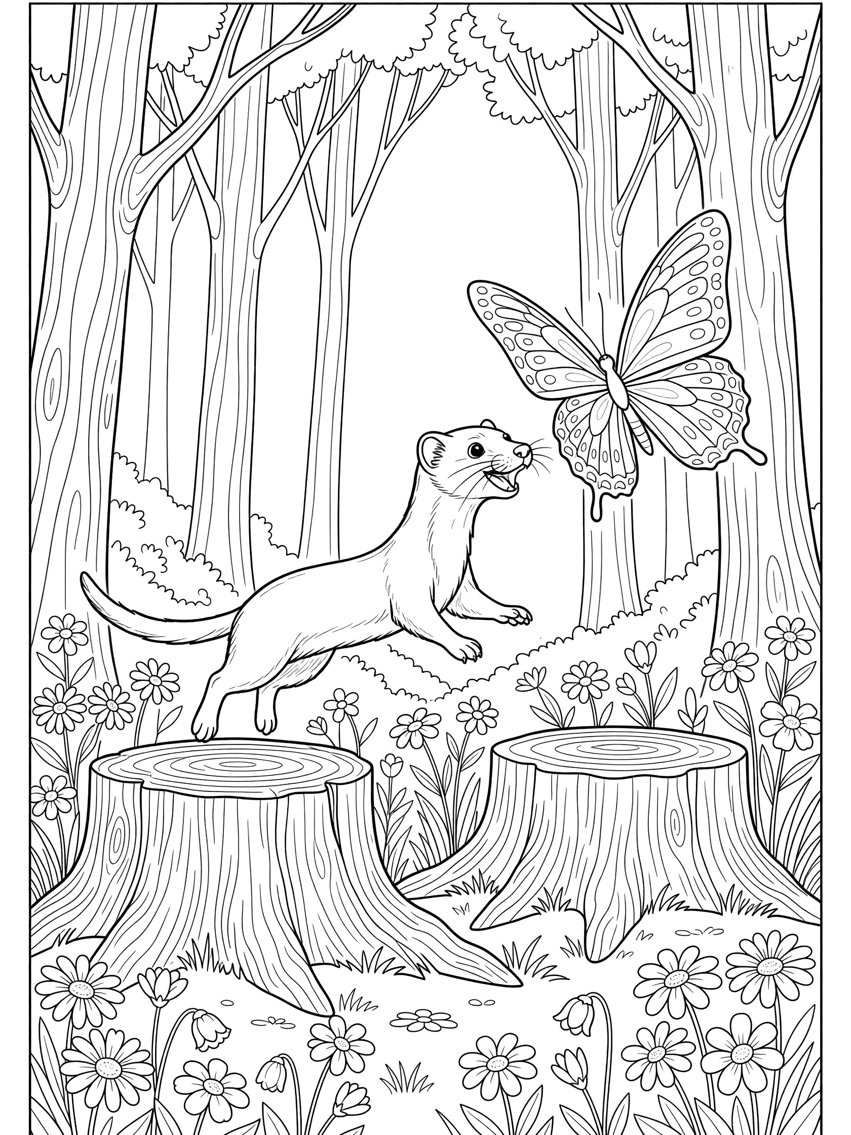 Black and white line art coloring page showing a happy weasel jumping to catch a large butterfly with detailed wings, surrounded by forest wildflowers and stumps.
