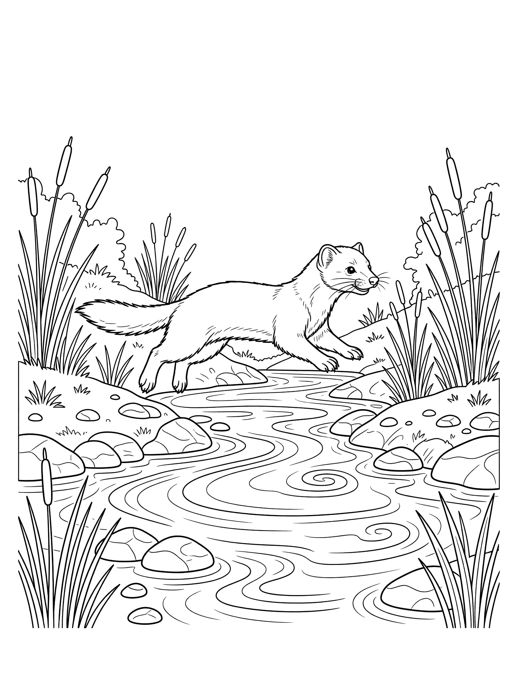Black and white line art coloring page showing a weasel mid-jump over a wavy stream with rocks, reeds, and grass along the banks. Marten themed black and white printable line art