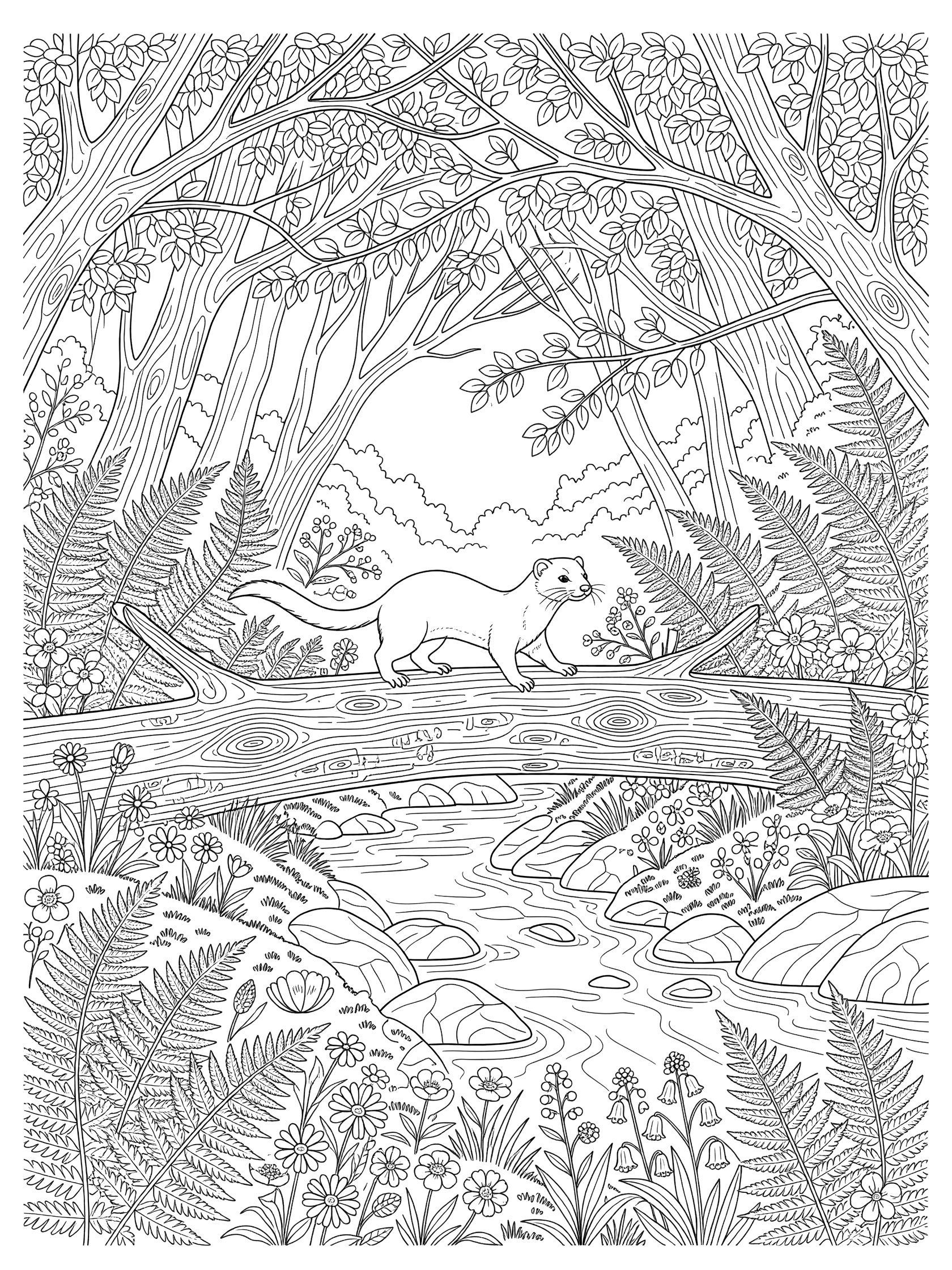 Black and white line art coloring page showing a weasel balancing on a fallen log bridge over a stream, surrounded by ferns, rocks, branches, and wildflowers in a forest scene.