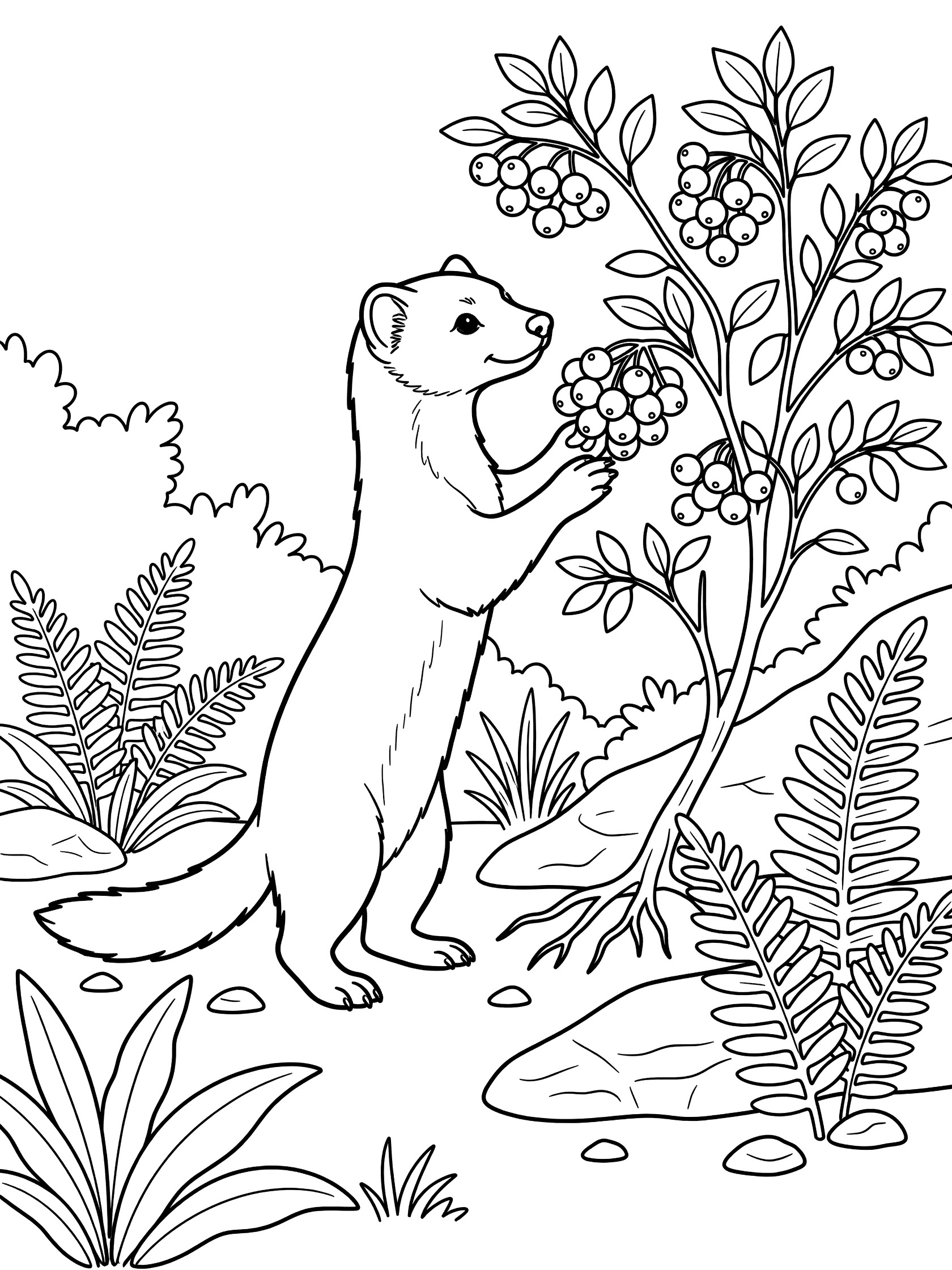 Black and white line art coloring page showing a weasel on hind legs reaching for berries on a bush surrounded by ferns and rocks. Marten themed black and white printable line art