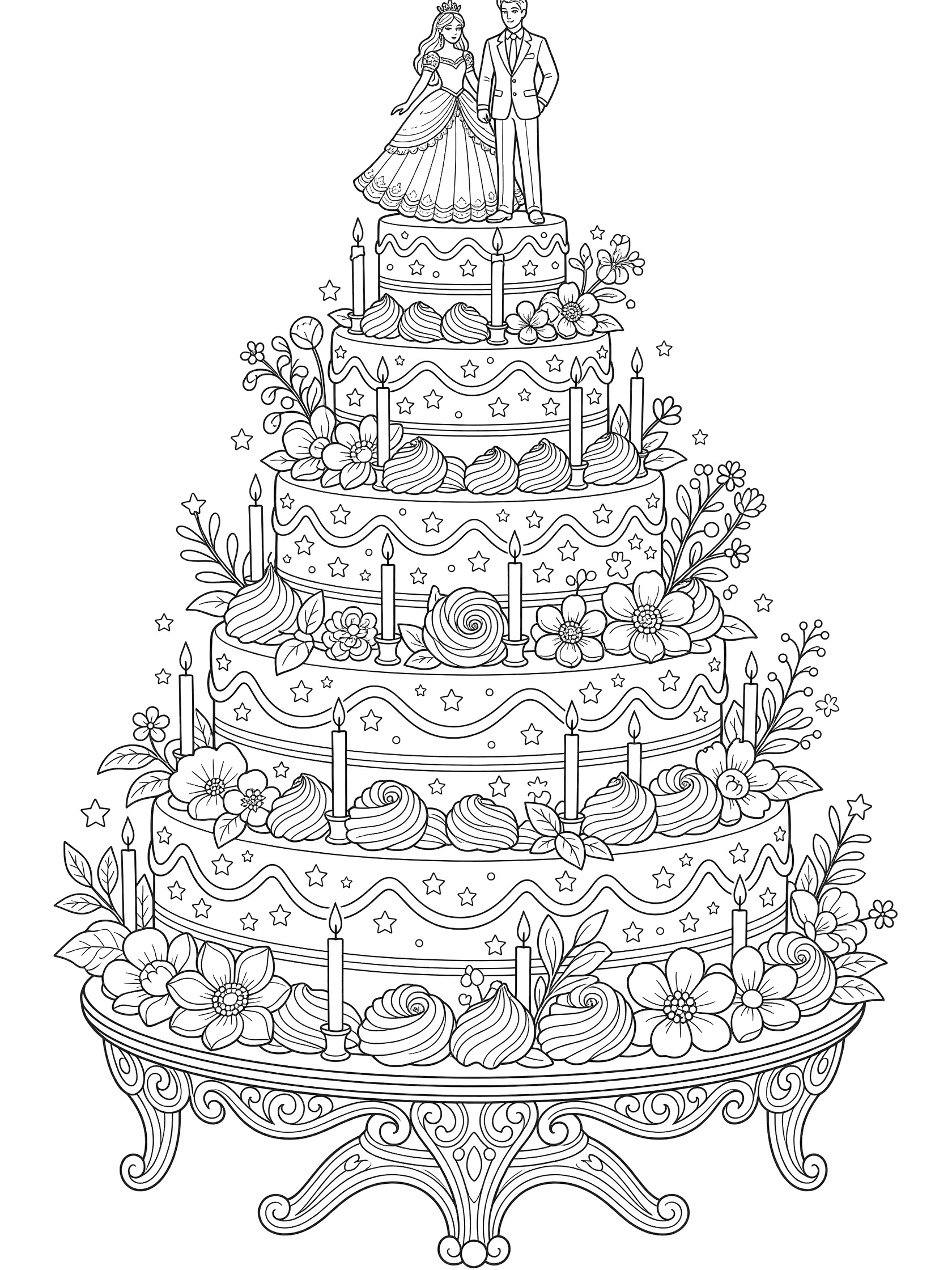 Black and white line art of a multi-tiered wedding cake on a stand, topped with bride in dress and groom in suit figurines, decorated with flowers, candles, stars, and swirls.