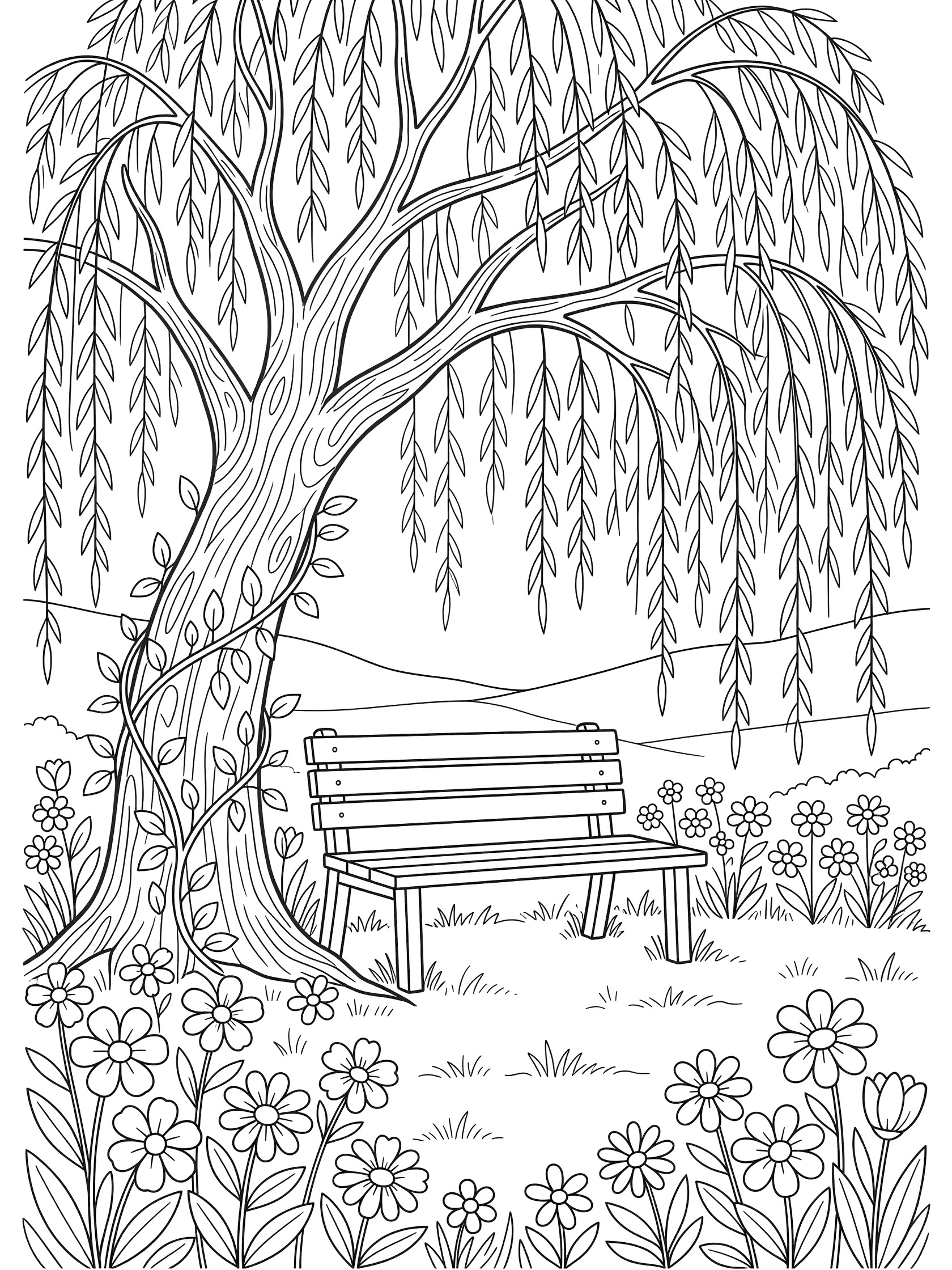 Black and white coloring page of a weeping willow tree with long drooping branches over a wooden bench, surrounded by flowers and grass