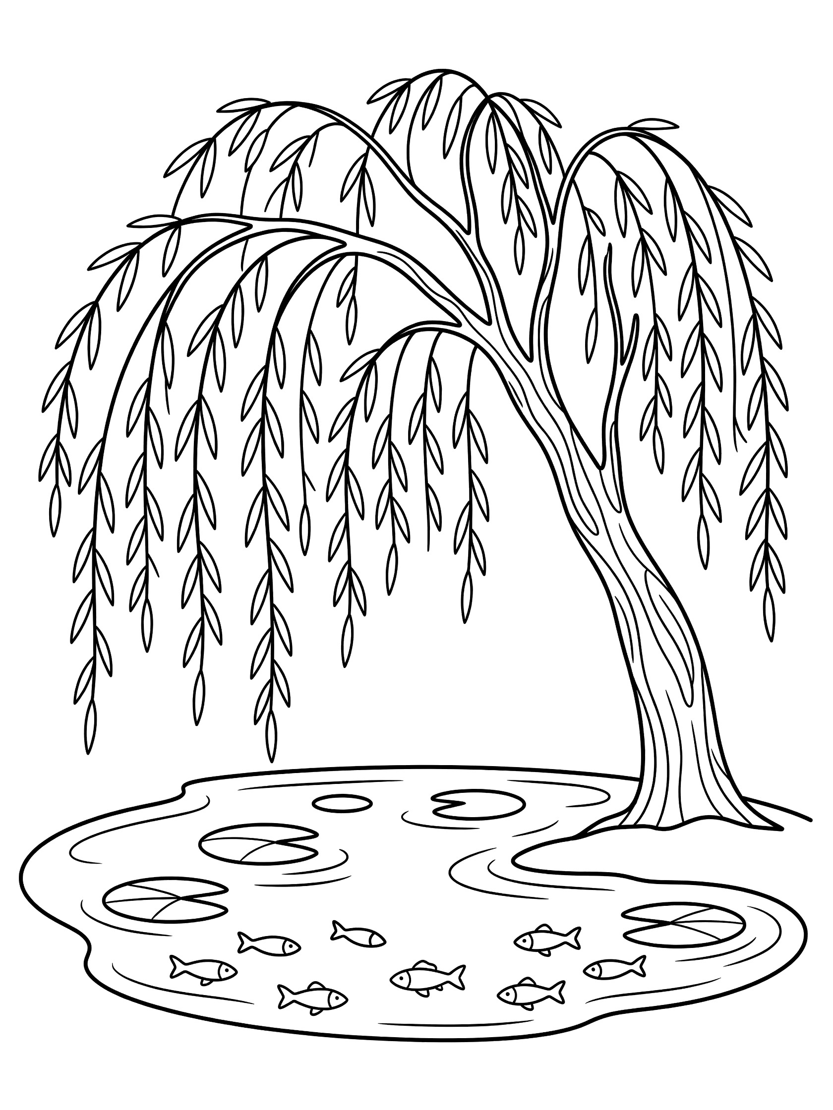 Black and white coloring page of a weeping willow tree hanging over a pond with ripples, lily pads, and small fish swimming.