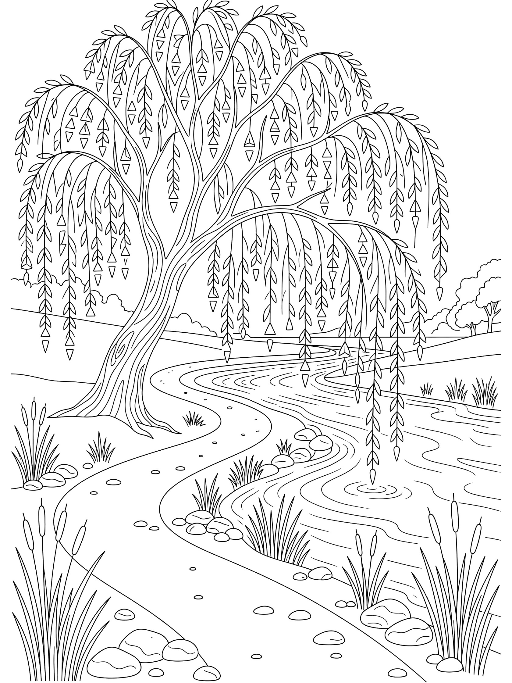 Black and white line art coloring page showing a weeping willow tree with drooping branches trailing into a winding river, surrounded by reeds, pebbles, and a riverside path.