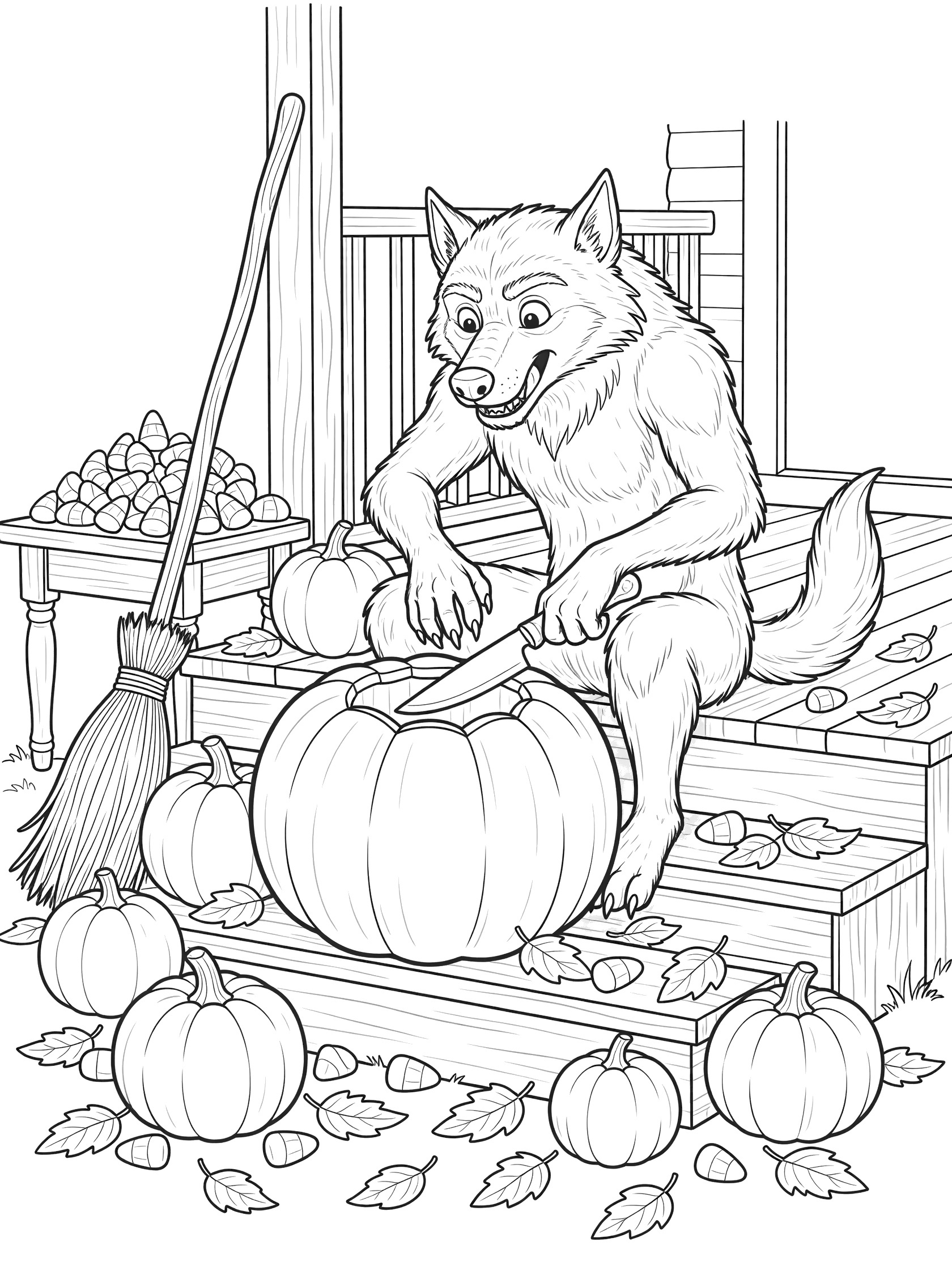 Whimsical werewolf on porch steps carving a giant pumpkin with knife, surrounded by small pumpkins, fall leaves, broomstick against railing, and candy corn on table - Halloween coloring page
