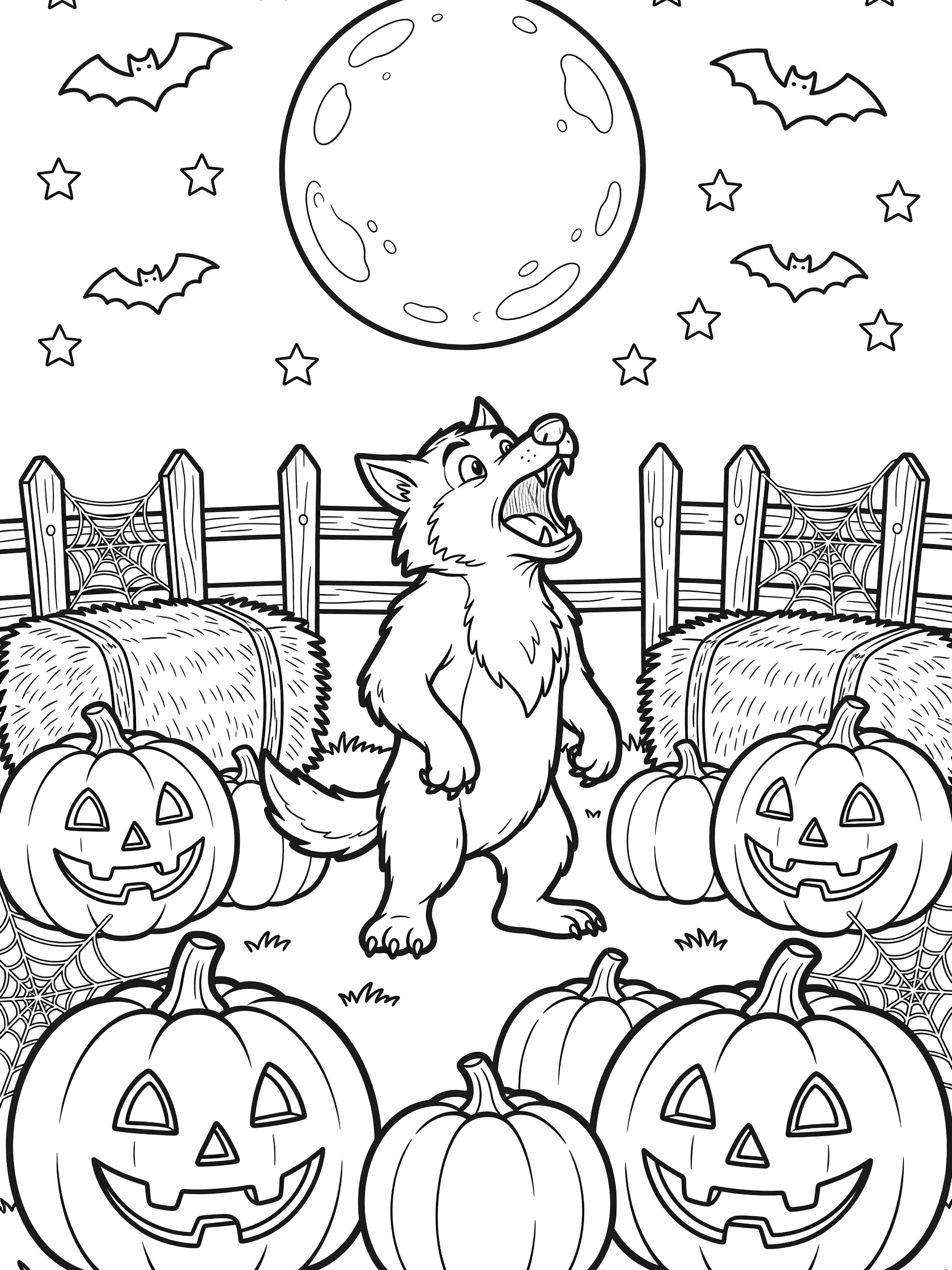 Cartoon werewolf standing on hind legs howling happily at glowing full moon above pumpkin patch with grinning jack-o-lanterns, hay bales, wooden fence with spider webs, and bats in starry sky.