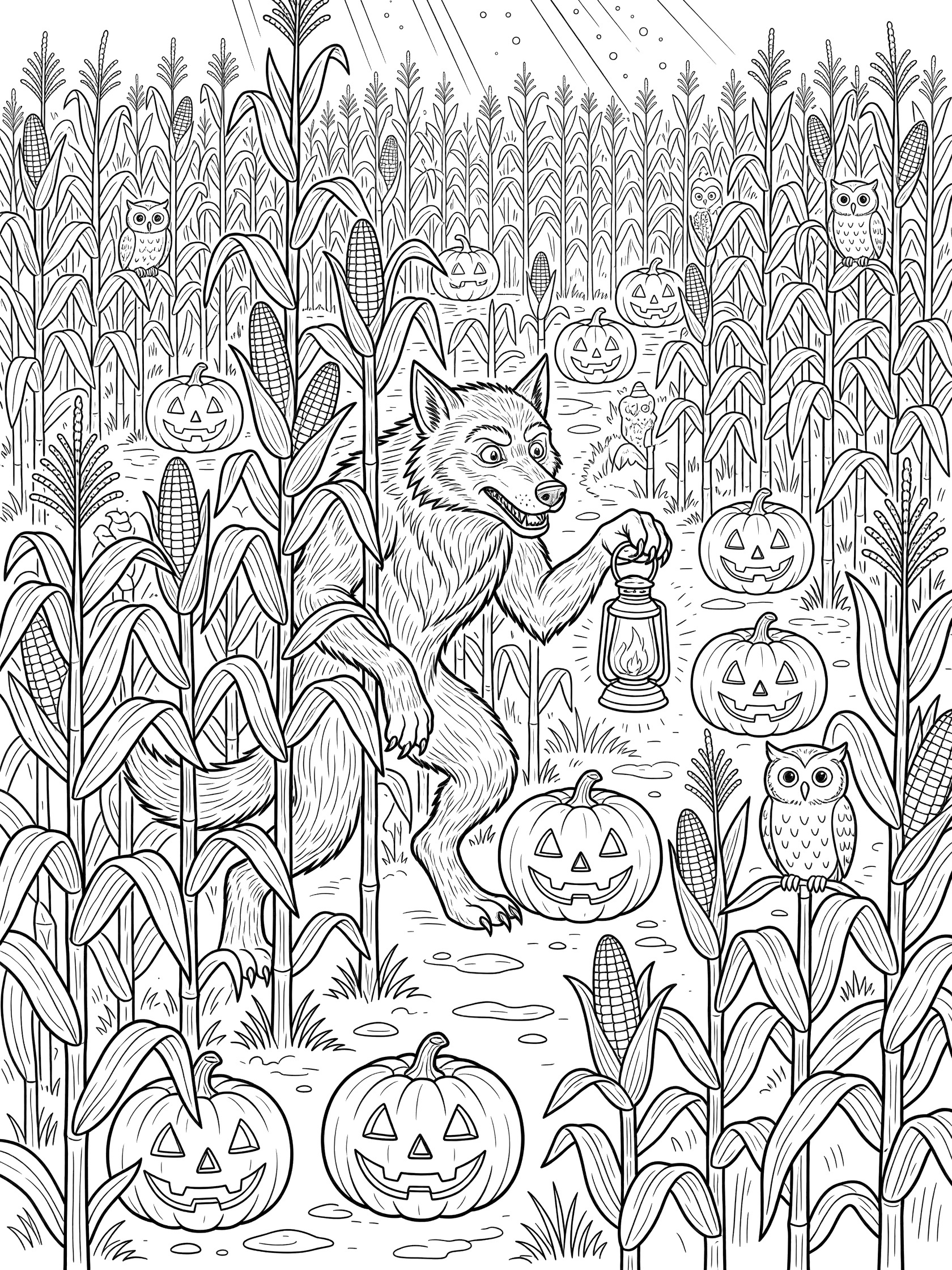 Black and white line art coloring page showing a werewolf sneaking excitedly through a corn maze, holding a lantern, with jack-o-lanterns along the path, owls on corn stalks, and moonlight overhead.
