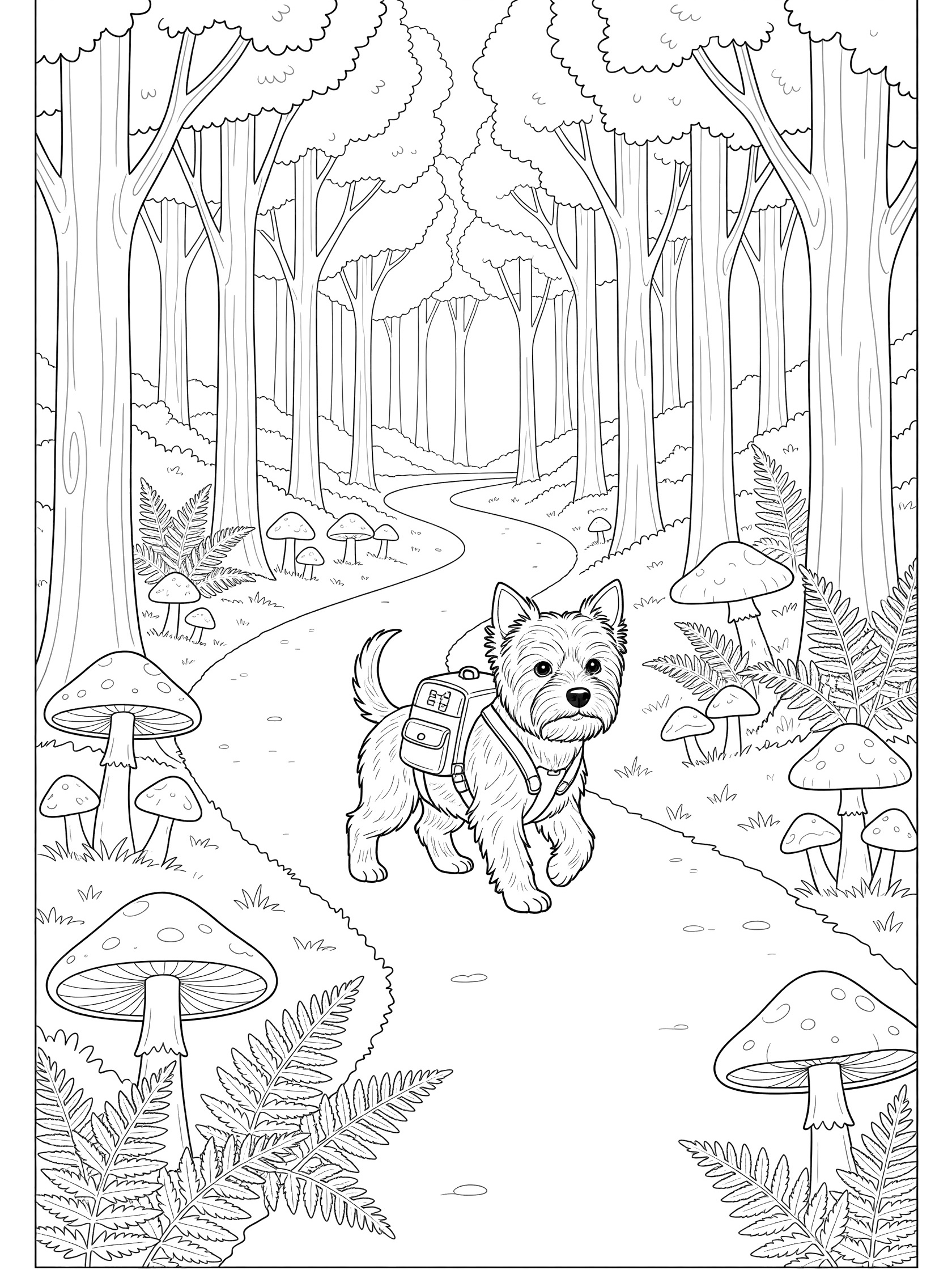 Black and white line art coloring page of a small Westie dog with backpack trotting on a winding forest path surrounded by tall trees, mushrooms and ferns. Yorkshire Terrier themed black and white printable line art