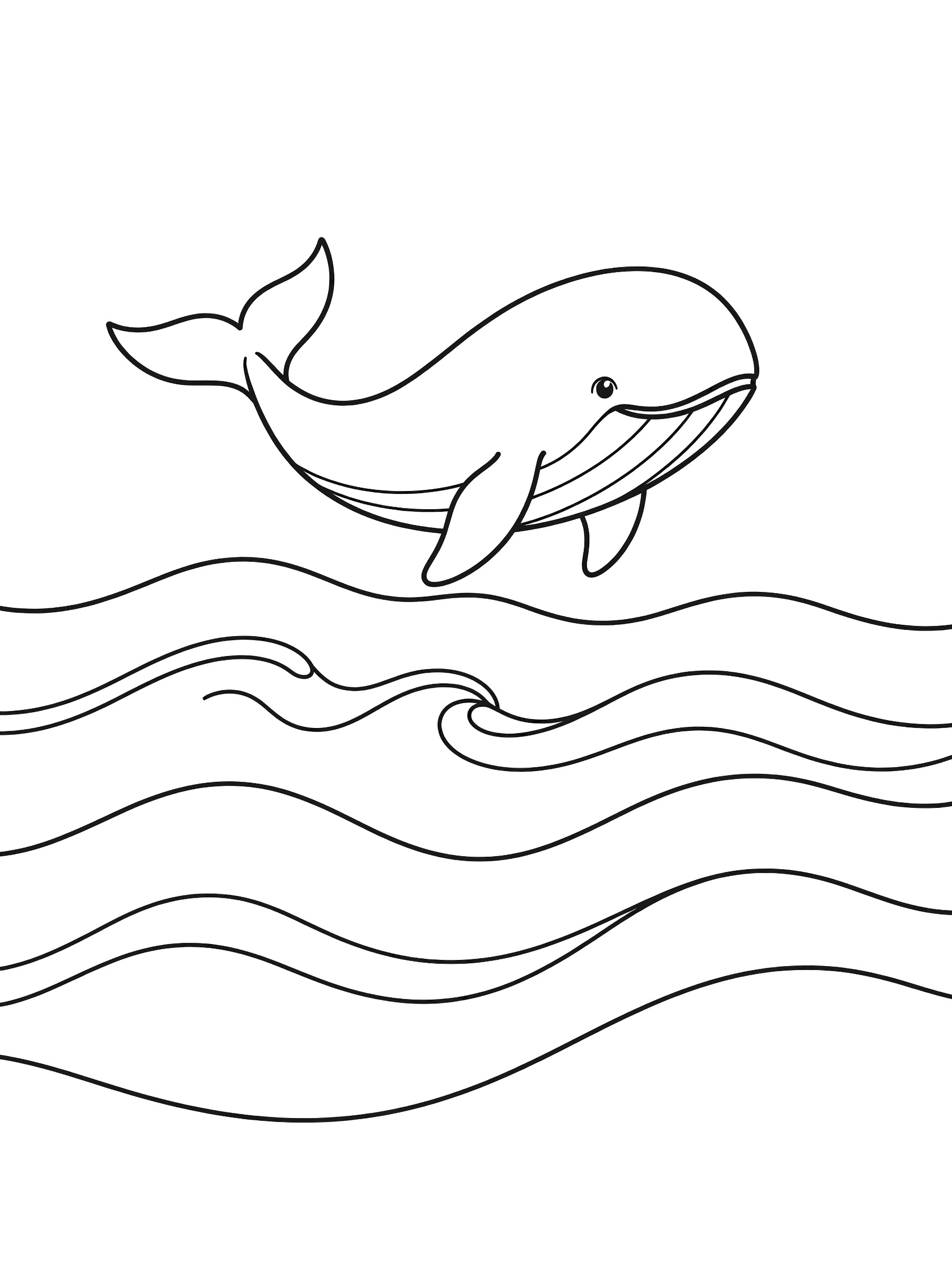 Black and white line art coloring page showing a happy whale jumping out of ocean waves with its tail flipped up and gentle waves below.