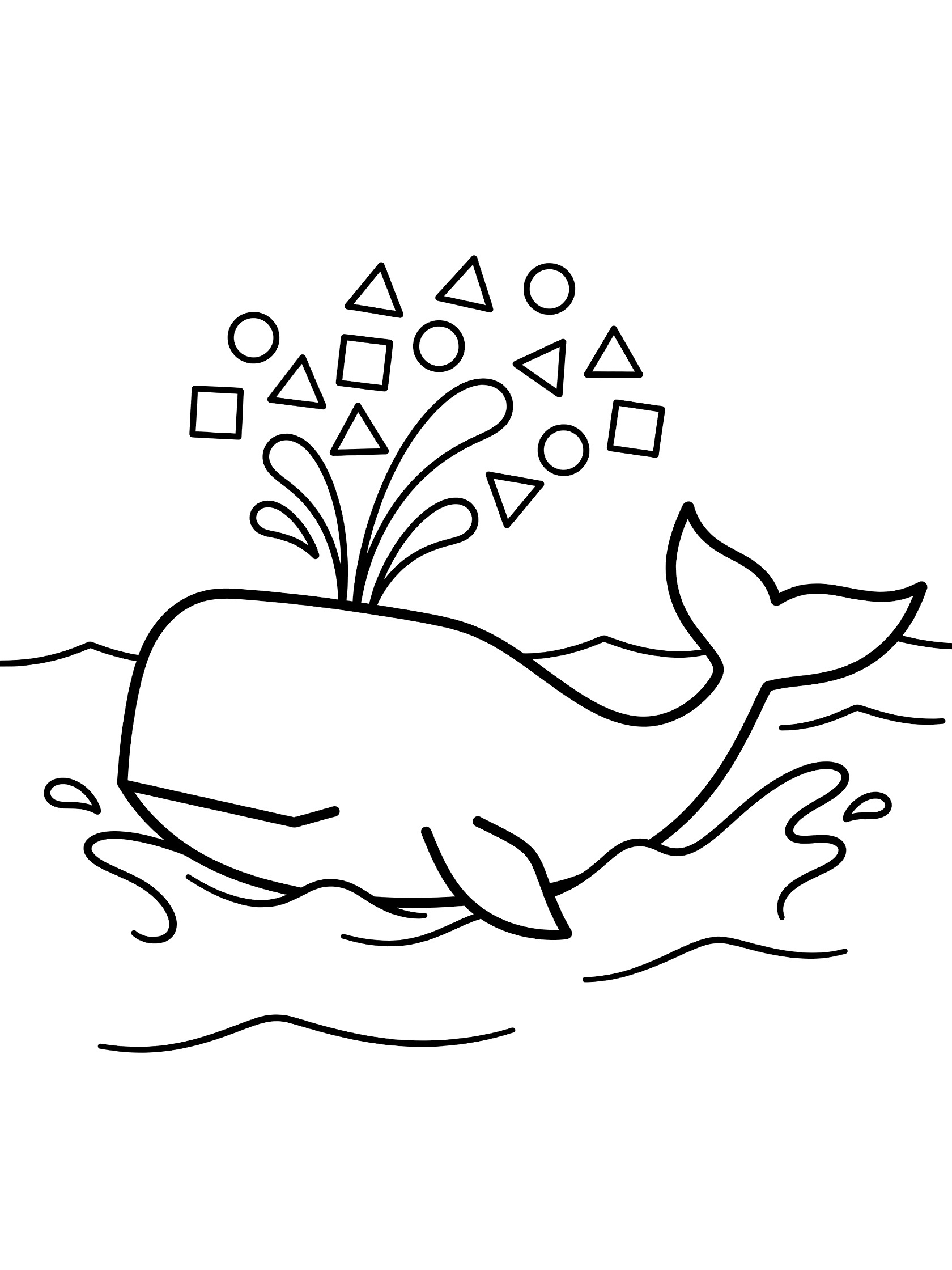 Black and white coloring page of a whale surfacing in ocean waves with blowhole spraying geometric shapes like triangles and circles as water drops.